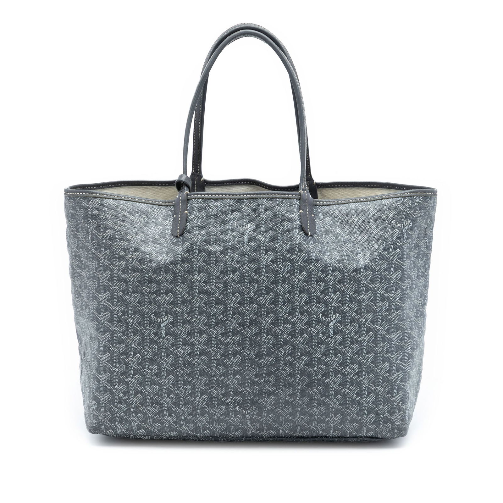 Gray Goyard Goyardine Saint Louis PM Tote with Interior Pouch: Gray Goyard Goyardine Saint Louis PM Tote with Interior Pouch The Saint Louis PM features a coated canvas exterior with leather trim, flat leather straps, an open top, and an interior pouch. The bag i