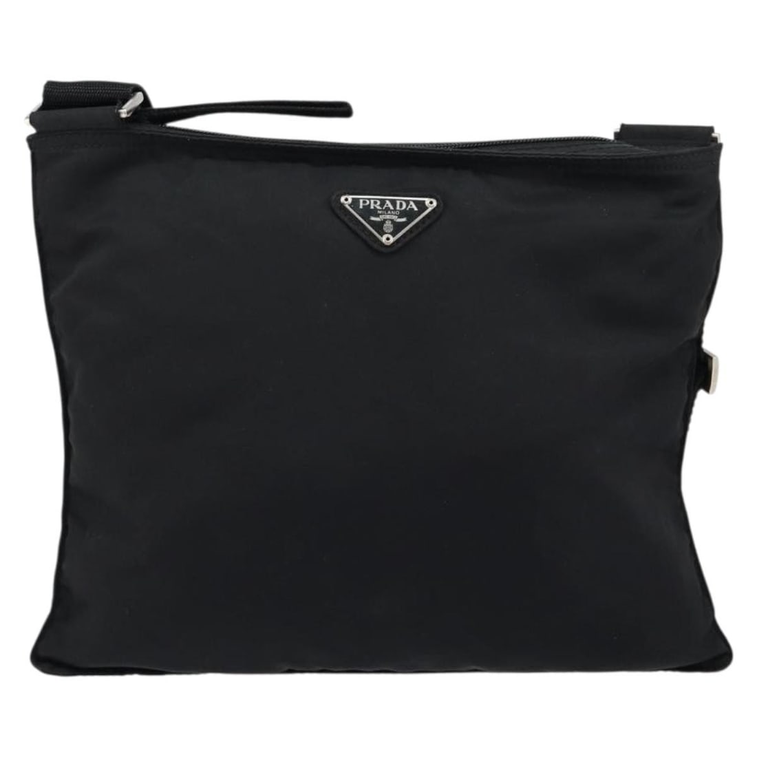 Prada Black Nylon Flat Messenger Shoulder Bag Unisex: Prada Black Nylon Flat Messenger Shoulder Bag Unisex This Prada Flat Messenger Bag is crafted from durable black nylon, designed for unisex use. It features a spacious interior and a practical shoulde