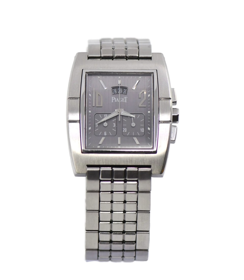 Piaget Upstream Chronograph Stainless Steel Watch Ref 27150 Gray Dial: Piaget Upstream Chronograph Stainless Steel Watch Ref 27150 Gray Dial Experience the elegance of the Piaget Upstream Chronograph Stainless Steel Watch. This exquisite wristwatch features a sleek gray
