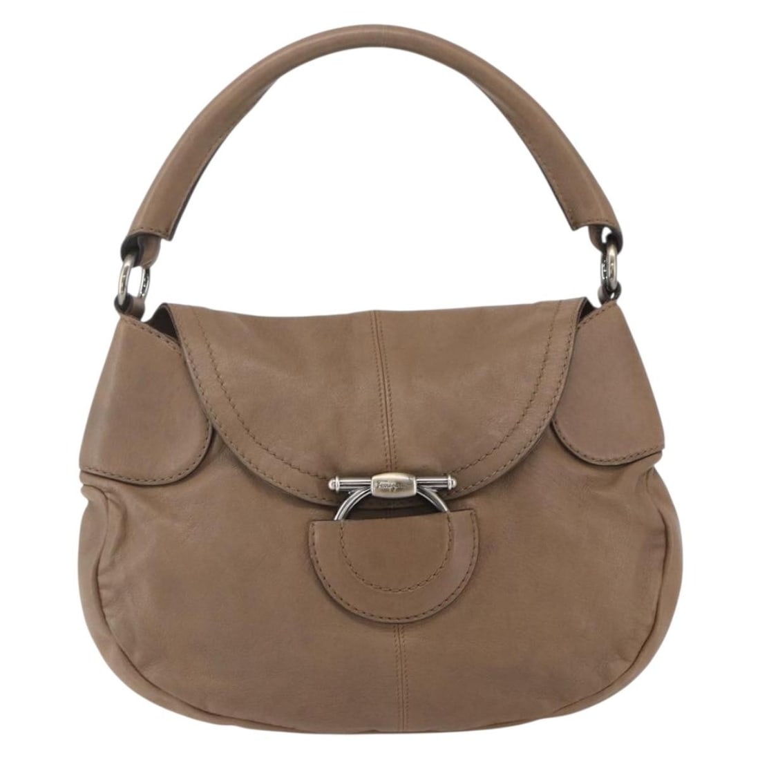 Leather Gancini Shoulder Bag by Salvatore Ferragamo Beige: Leather Gancini Shoulder Bag by Salvatore Ferragamo Beige This Salvatore Ferragamo Gancini shoulder bag for women features beige leather construction with a classic design. The bag shows signs of wear