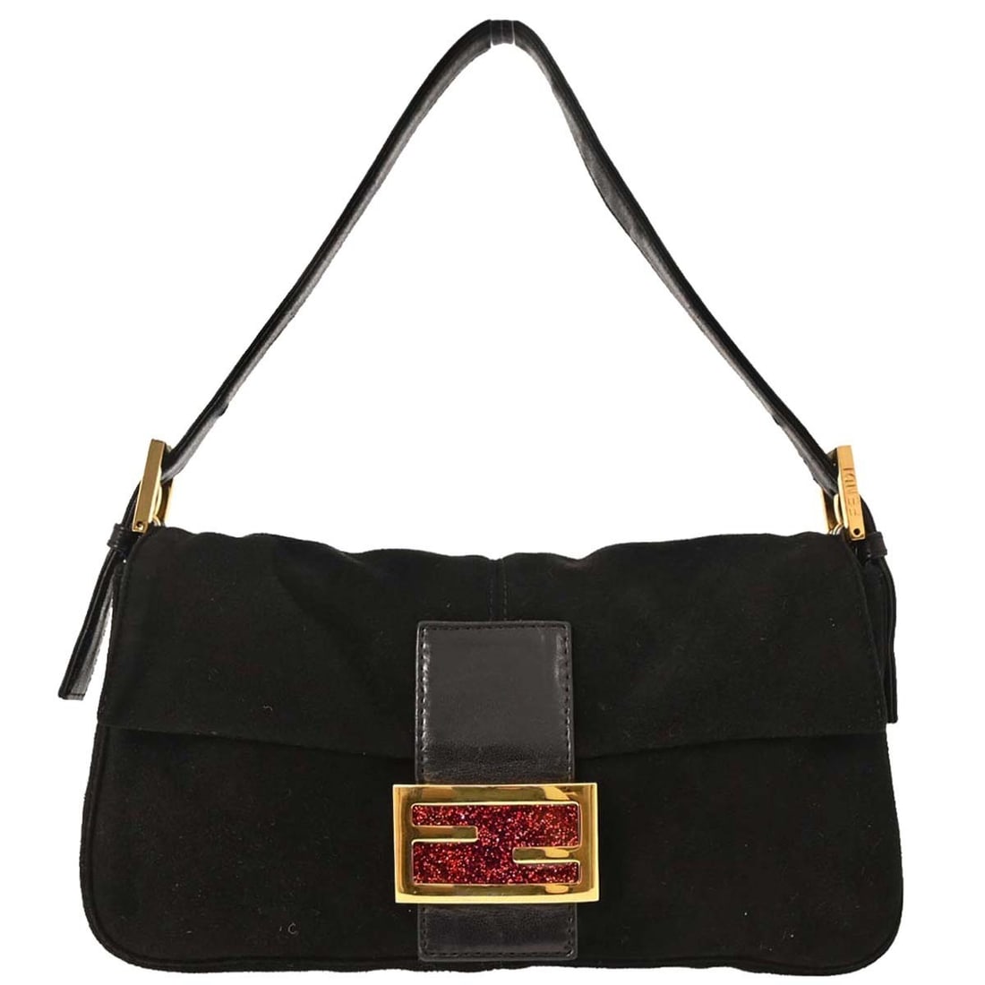 Fendi Black Suede Baguette Handbag 2813-26424-009 Adjustable Strap: Fendi Black Suede Baguette Handbag 2813-26424-009 Adjustable Strap Elevate your casual style with this exquisite Fendi Black Suede Baguette Handbag. Crafted from luxurious suede, this medium-sized han