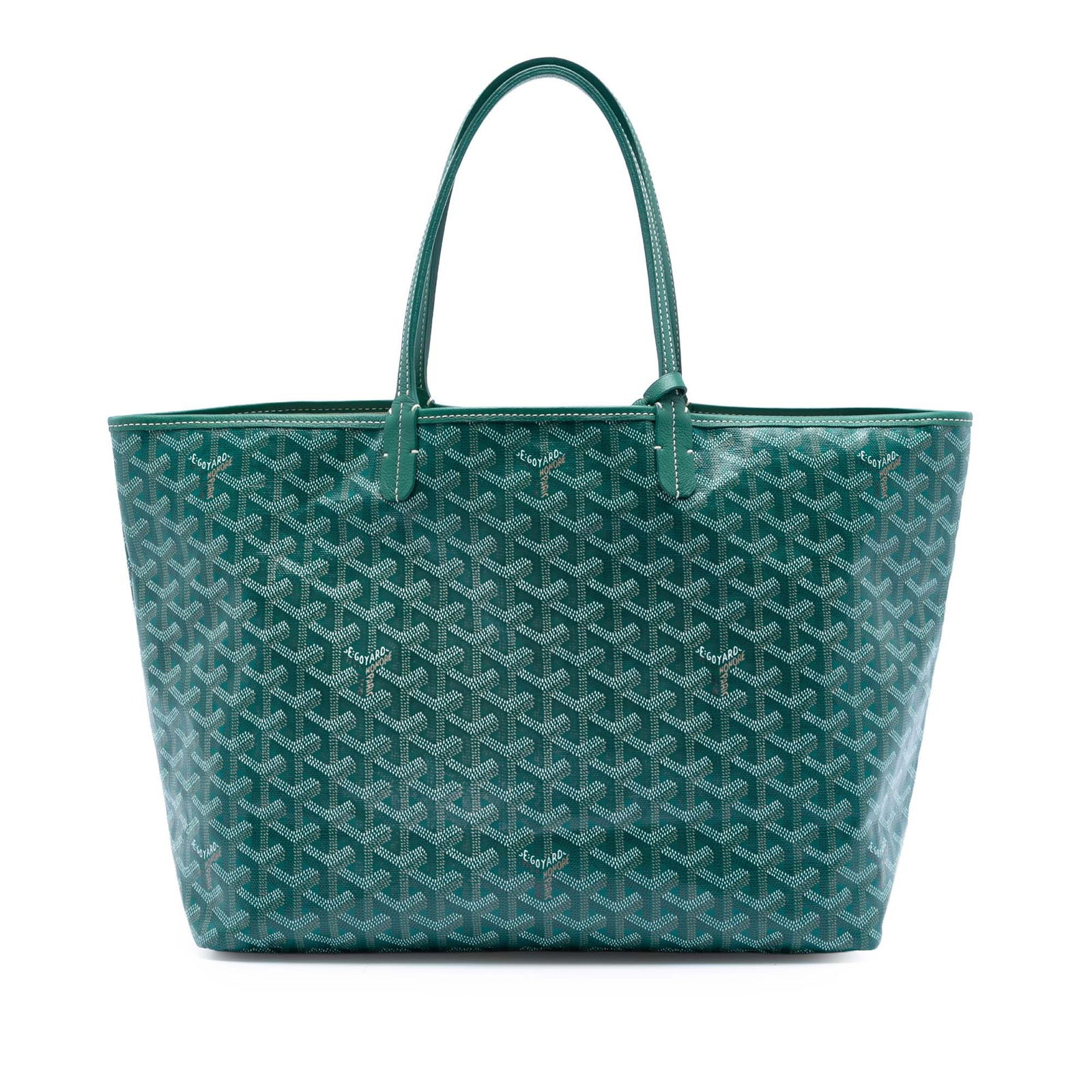 Goyard Saint Louis PM Green Tote With Pouch Coated Canvas And Leather Trim: Goyard Saint Louis PM Green Tote With Pouch Coated Canvas And Leather Trim This Goyardine Saint Louis PM features a coated canvas body with leather trim, flat leather straps, an open top, and includes