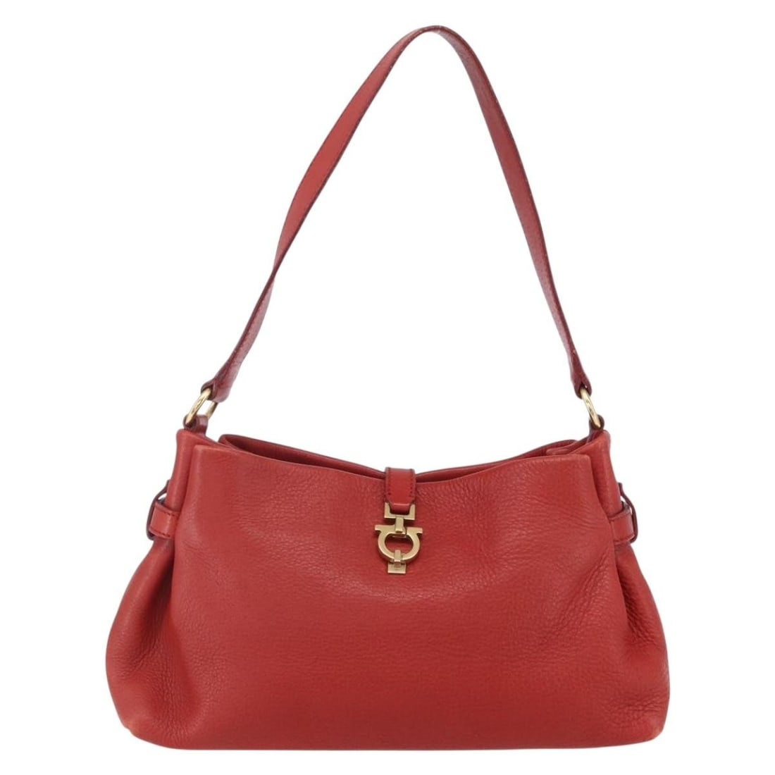 Salvatore Ferragamo Red Leather Gancini Shoulder Handbag 28cm: Salvatore Ferragamo Red Leather Gancini Shoulder Handbag 28cm This Salvatore Ferragamo Gancini shoulder bag is crafted from red leather and designed for female use. It features metal fittings and a sh