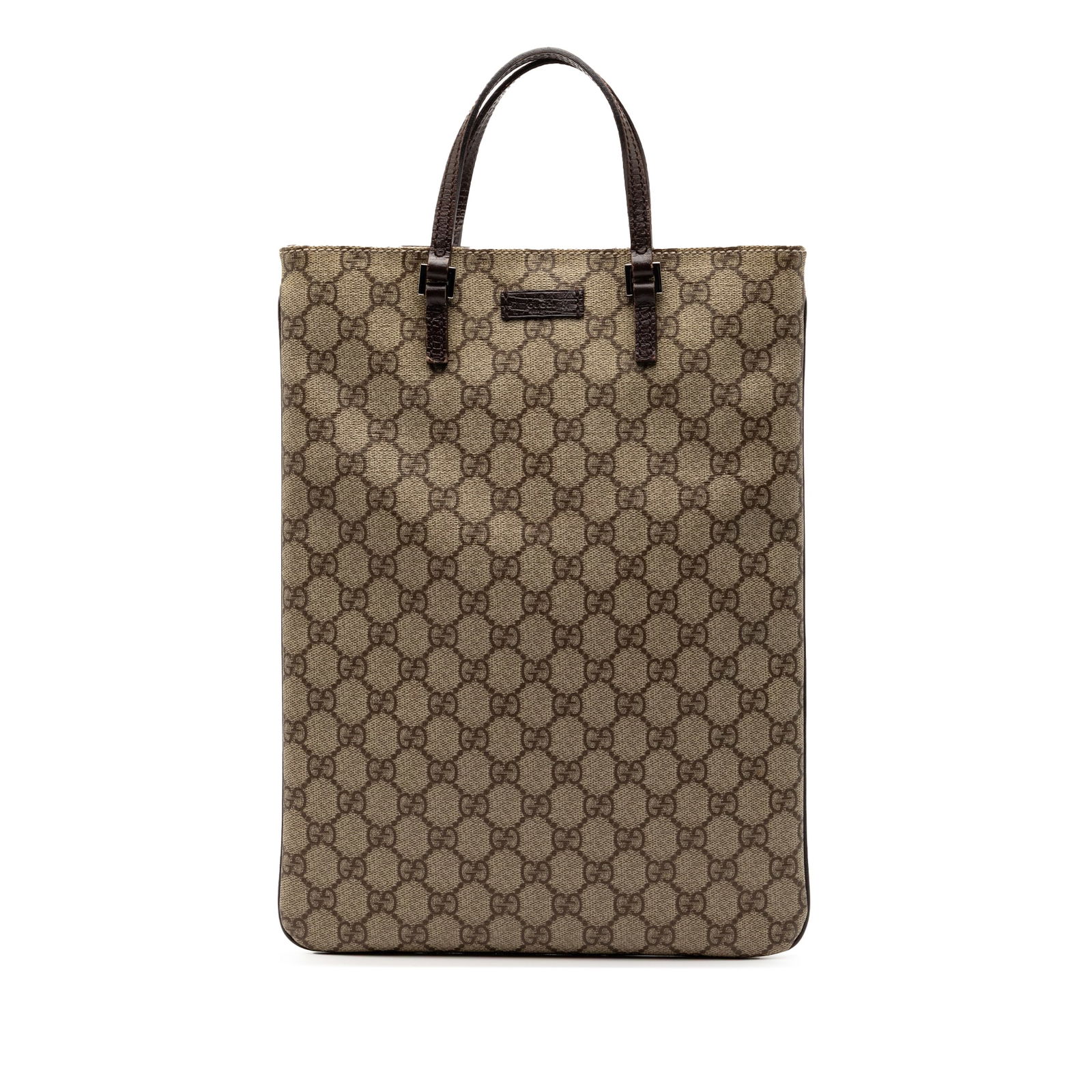 Brown GG Supreme Tote Bag by Gucci in Coated Canvas: Brown GG Supreme Tote Bag by Gucci in Coated Canvas This Gucci GG Supreme Tote features a coated canvas body with flat leather straps and an open top secured by a magnetic snap closure. The interior i