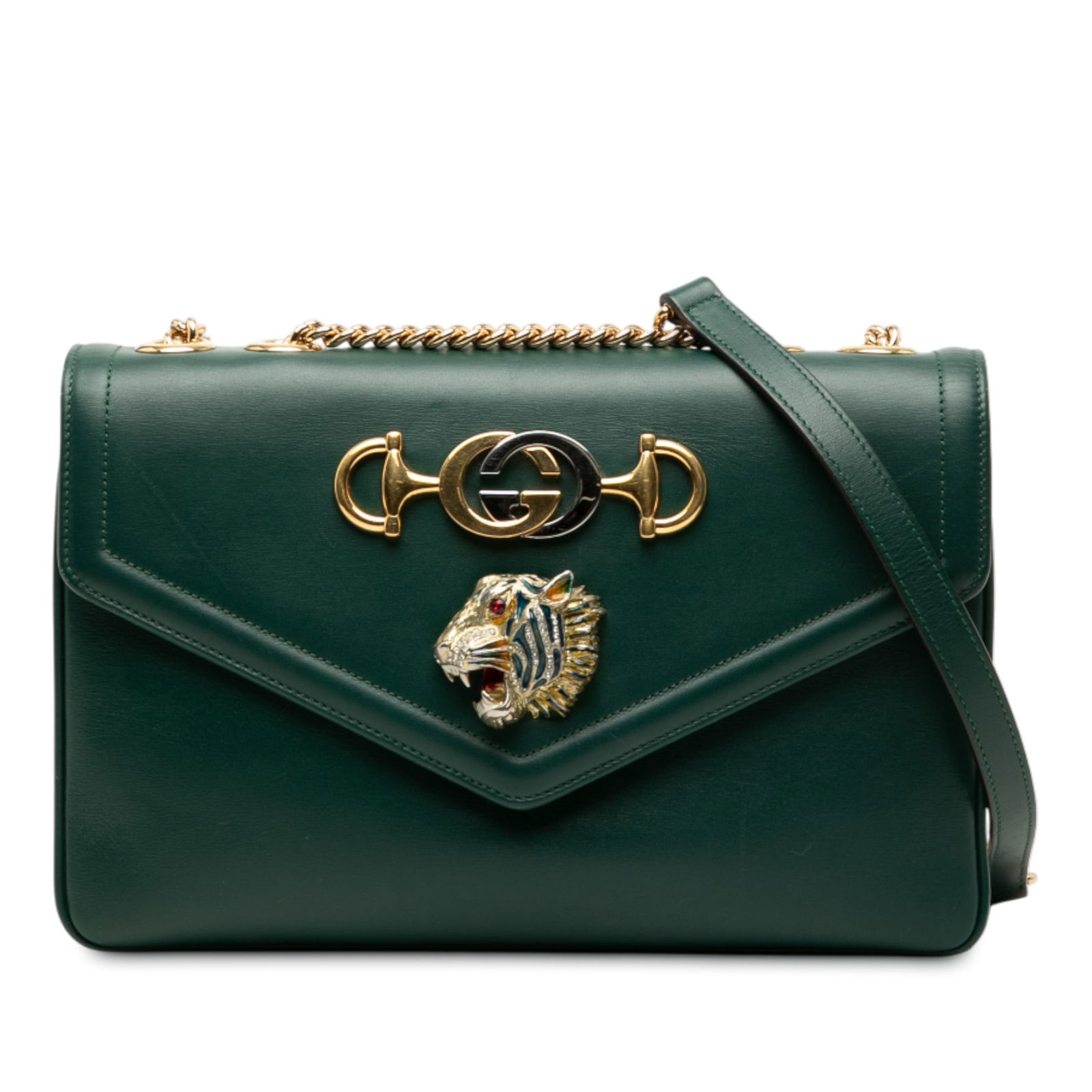 Gucci Rajah Medium Green Leather Crossbody Bag with Chain Strap: Gucci Rajah Medium Green Leather Crossbody Bag with Chain Strap This Gucci Medium Leather Rajah Crossbody bag features a green leather body, a chain link strap with a leather guard, a flap with magnet