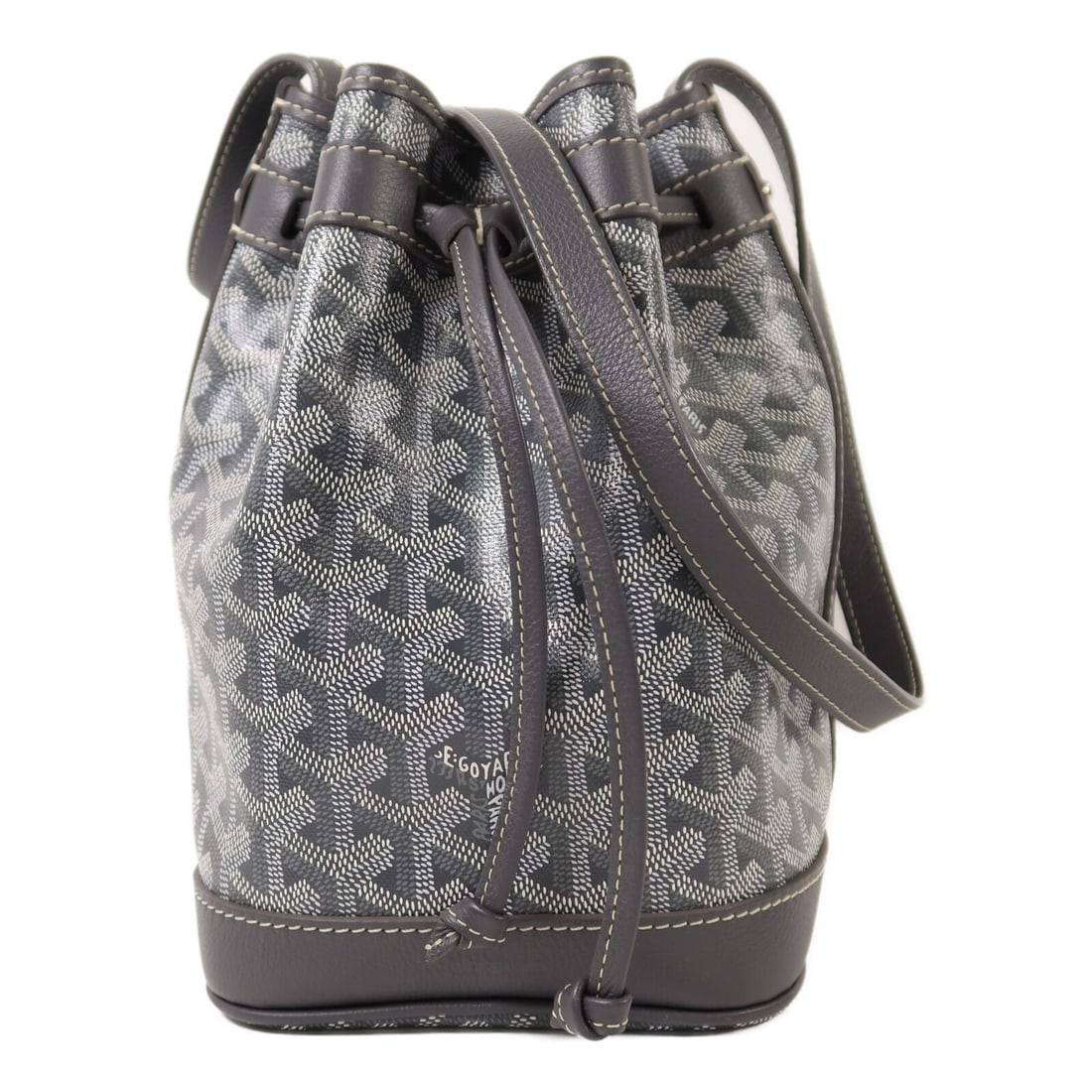 Goyard Petit Flot Grey Coated Canvas Shoulder Bag with Silver Hardware: Goyard Petit Flot Grey Coated Canvas Shoulder Bag with Silver Hardware This Goyard Petit Flot bucket bag is crafted from durable PVC coated canvas in a stylish gray color. Designed as a shoulder bag,