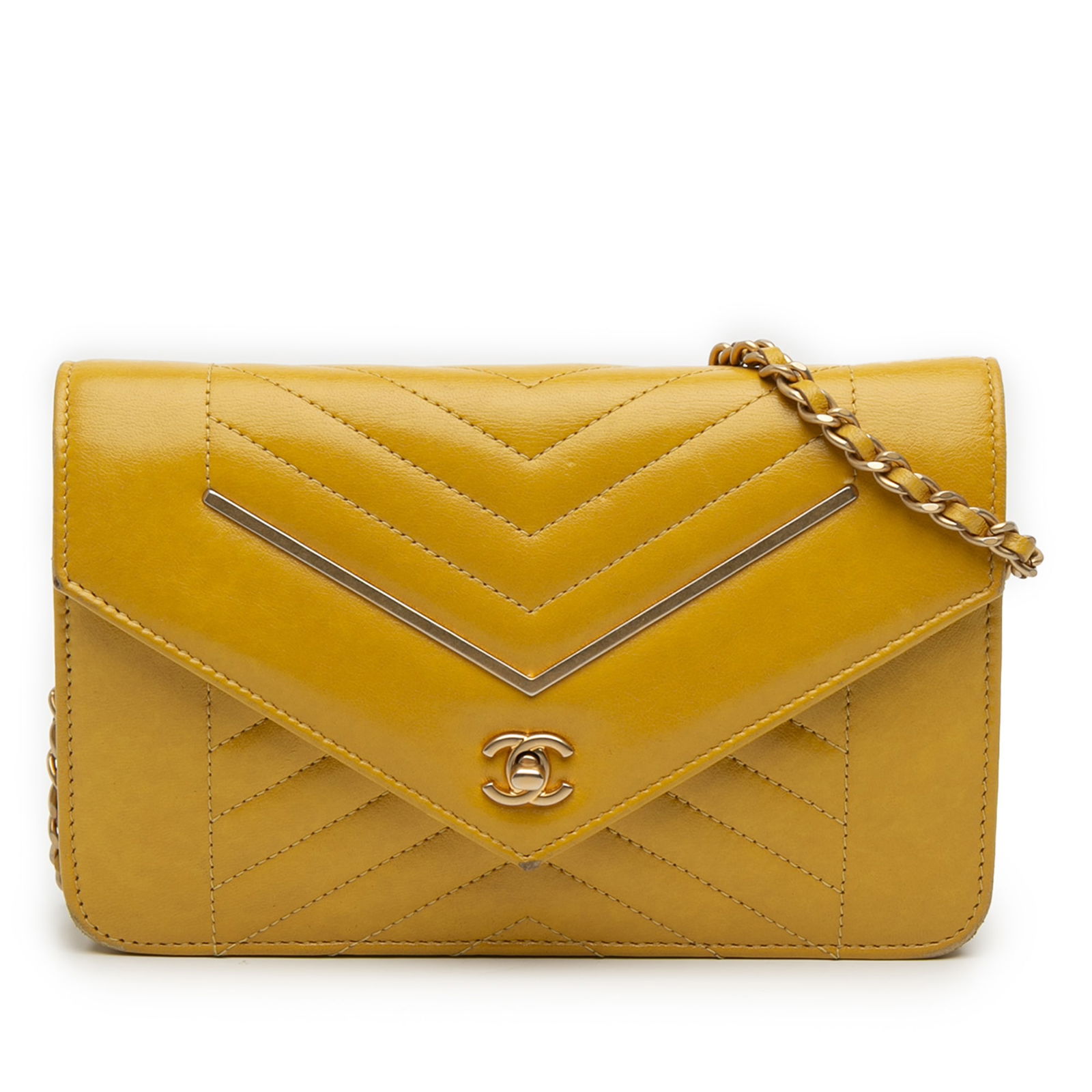 Yellow Lambskin Chevron Crossbody Bag Chanel Small Flap with Chain Strap: Yellow Lambskin Chevron Crossbody Bag Chanel Small Flap with Chain Strap This Chanel Small Reversed Chevron Flap crossbody bag is crafted from chevron-quilted lambskin leather in yellow and features a