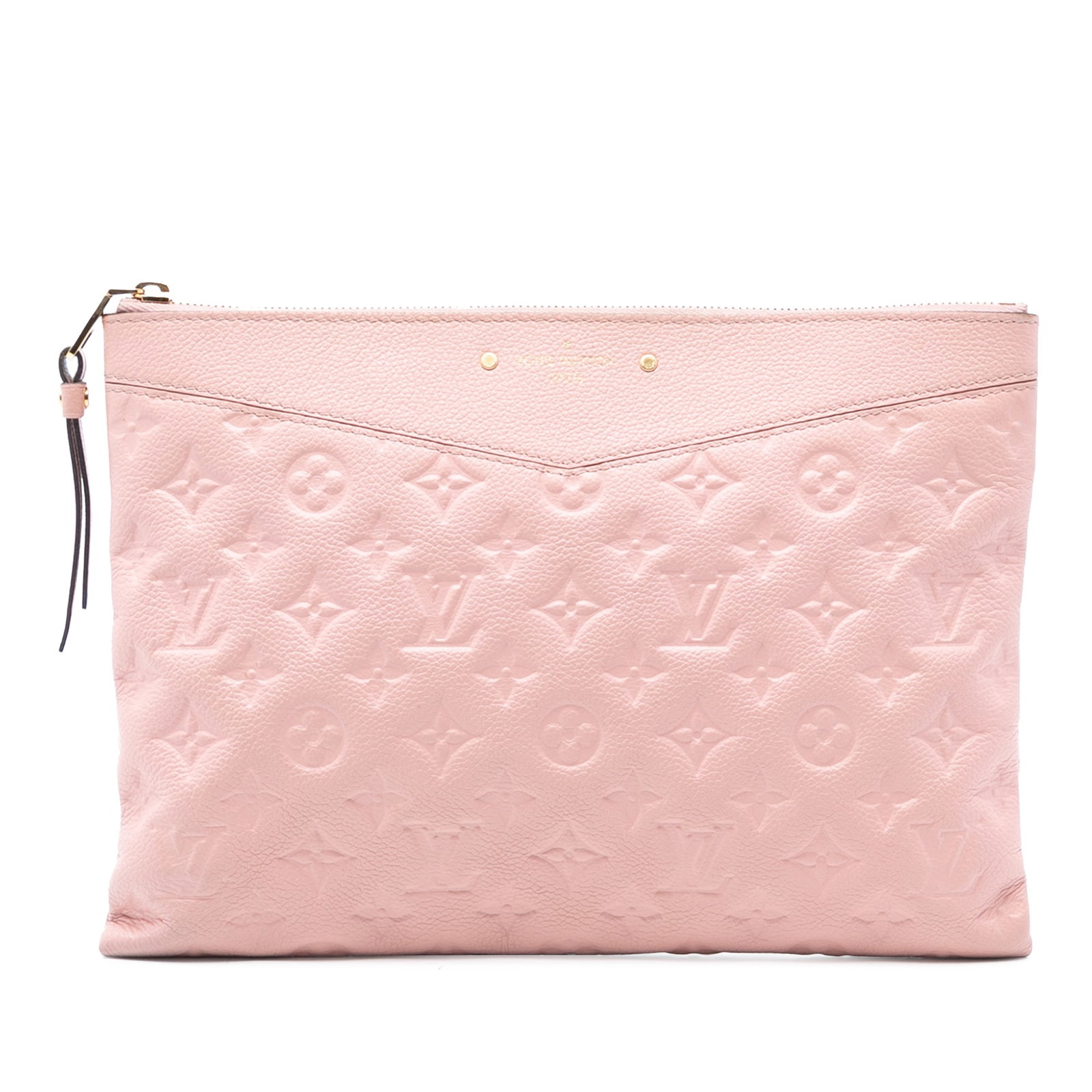 Pink Leather Daily Pouch by Louis Vuitton Monogram Empreinte: Pink Leather Daily Pouch by Louis Vuitton Monogram Empreinte This Louis Vuitton Monogram Empreinte Daily Pouch features a pink monogram-embossed leather body with a top zip closure and an interior sli