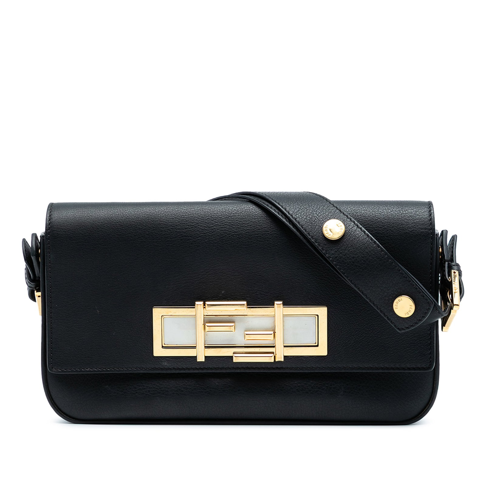 Fendi 3Baguette Black Leather Shoulder Bag with FF Turn Lock: Fendi 3Baguette Black Leather Shoulder Bag with FF Turn Lock This Fendi 3Baguette Shoulder Bag features a black leather body, an adjustable flat leather shoulder strap, a flap with FF turn lock closur