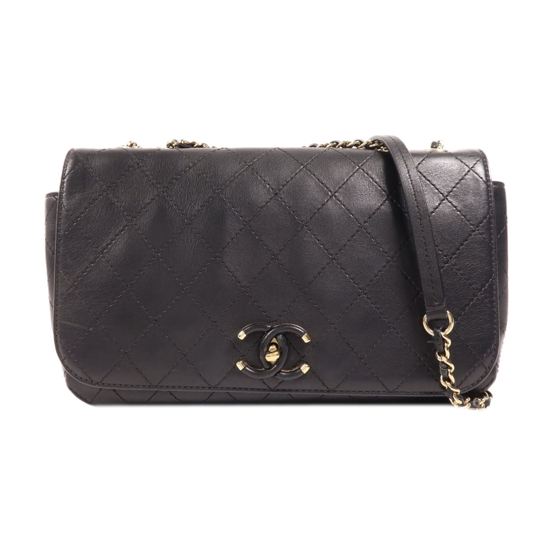 CHANEL Black Calfskin Leather Shoulder Bag with Gold Hardware: CHANEL Black Calfskin Leather Shoulder Bag with Gold Hardware This exquisite CHANEL shoulder bag is crafted from luxurious black calfskin leather, showcasing the brand's iconic CC logo and elegant des