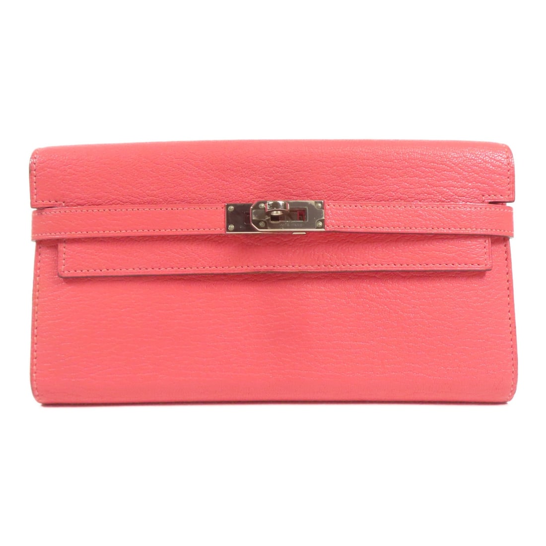 HERMES Kelly Bifold Wallet Goatskin Leather Rose Lipstick: HERMES Kelly Bifold Wallet Goatskin Leather Rose Lipstick This exquisite HERMES Kelly Wallet is crafted from luxurious Chevre leather, known for its durability and unique texture. The wallet features