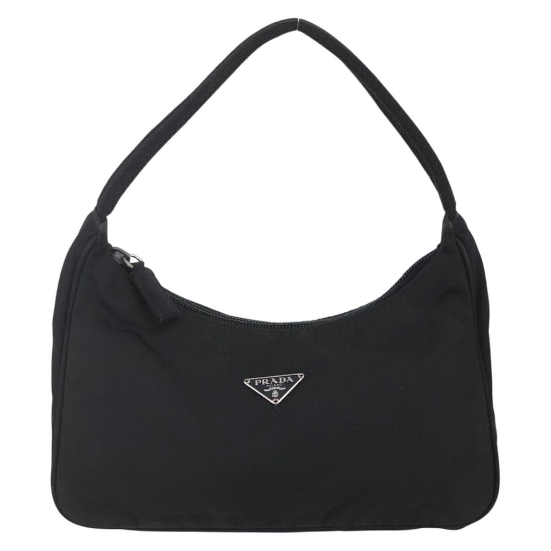 Black Nylon Prada Hobo Bag 22cm by 12cm by 6cm Italy: Black Nylon Prada Hobo Bag 22cm by 12cm by 6cm Italy This Prada Hobo handbag for women features a black nylon exterior with metal fittings. The bag shows signs of use including slight rubbing, a stain
