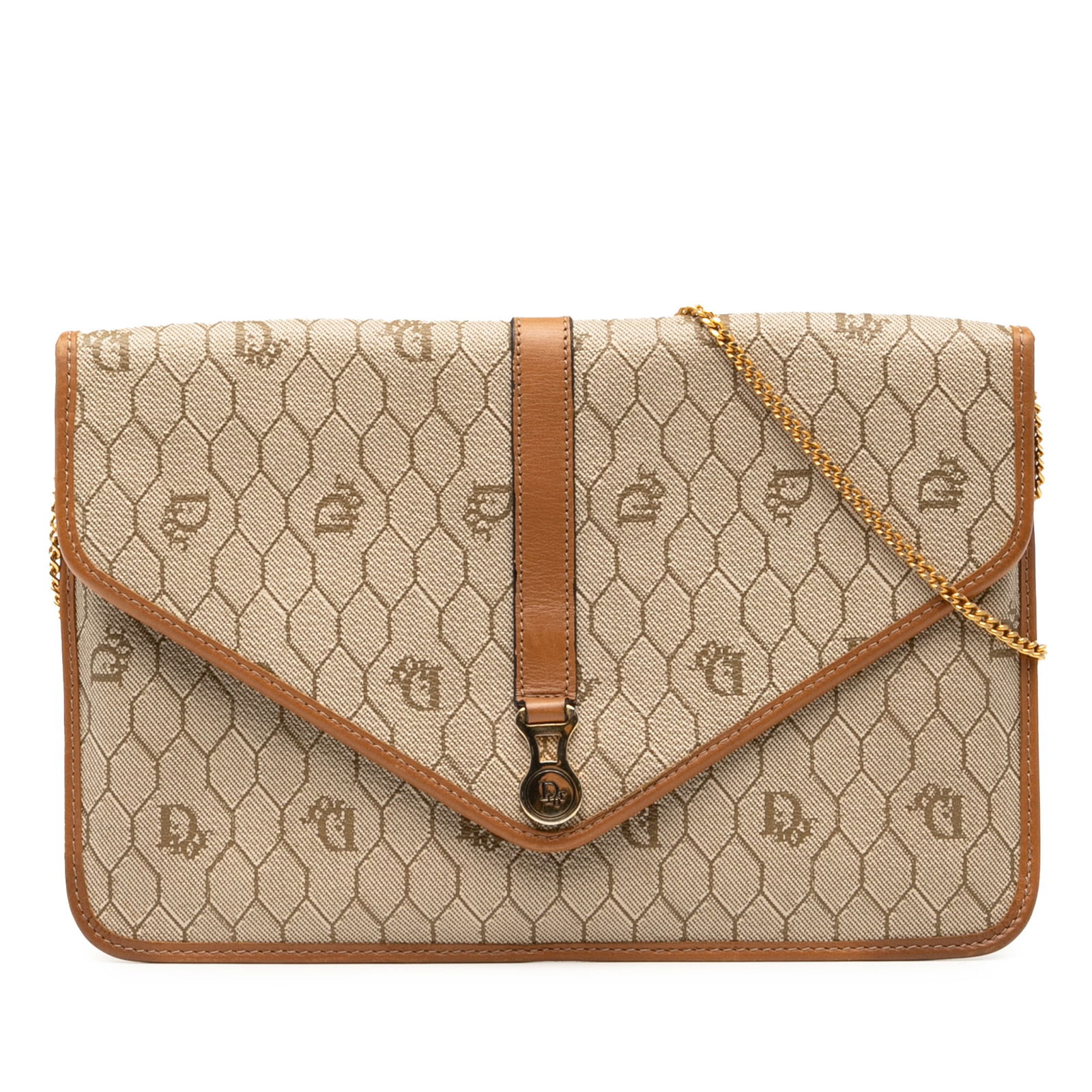Dior Brown Honeycomb Pattern Canvas Chain Shoulder Bag with Leather Trim: Dior Brown Honeycomb Pattern Canvas Chain Shoulder Bag with Leather Trim This Dior Honeycomb crossbody bag features a coated canvas body with leather trim, a chain shoulder strap, and a front flap sec