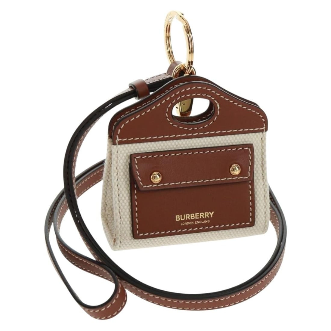 Burberry Beige Canvas Neck Pouch Earphone Holder with Dust Bag: Burberry Beige Canvas Neck Pouch Earphone Holder with Dust Bag This Burberry earphone case features a beige and gold canvas exterior, offering stylish protection for your earphones. Made in Italy, the