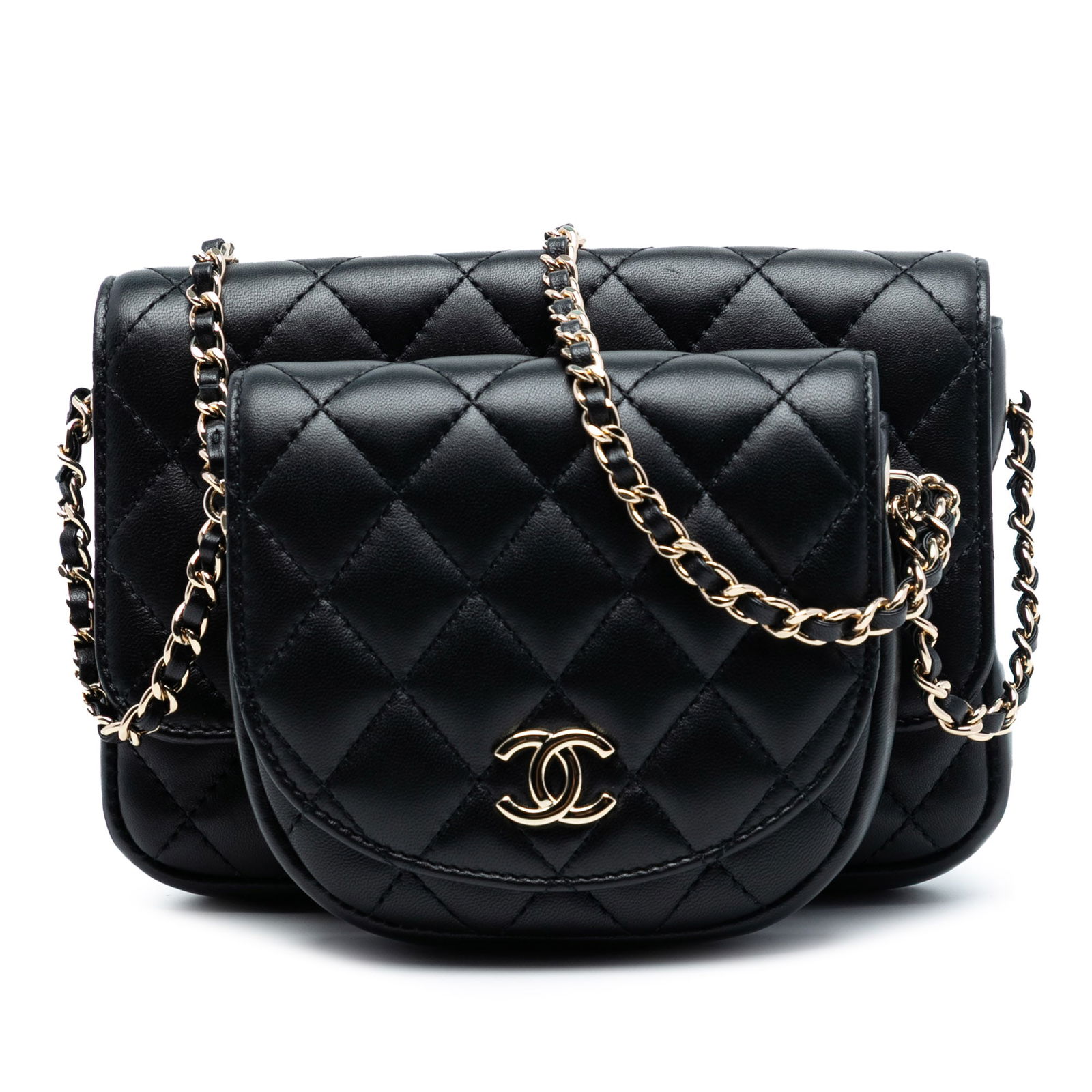 Chanel Side Packs Black Quilted Lambskin Crossbody Flap Bag: Chanel Side Packs Black Quilted Lambskin Crossbody Flap Bag This Chanel CC Quilted Lambskin Side Packs Flap crossbody bag features a black quilted lambskin leather body with a front flap adorned with