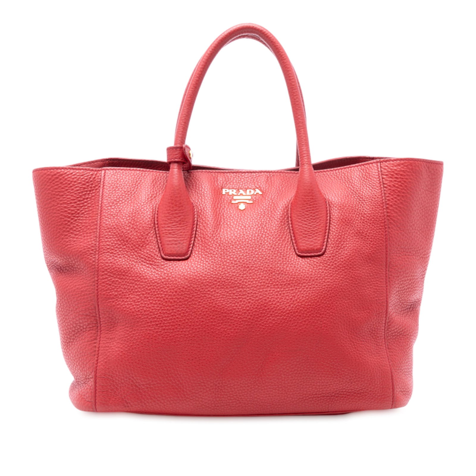 Red Leather Convertible Satchel by Prada Vitello Daino: Red Leather Convertible Satchel by Prada Vitello Daino This Prada Vitello Daino Open Convertible Tote features a red leather body with rolled leather handles, an open top with magnetic closure, and an