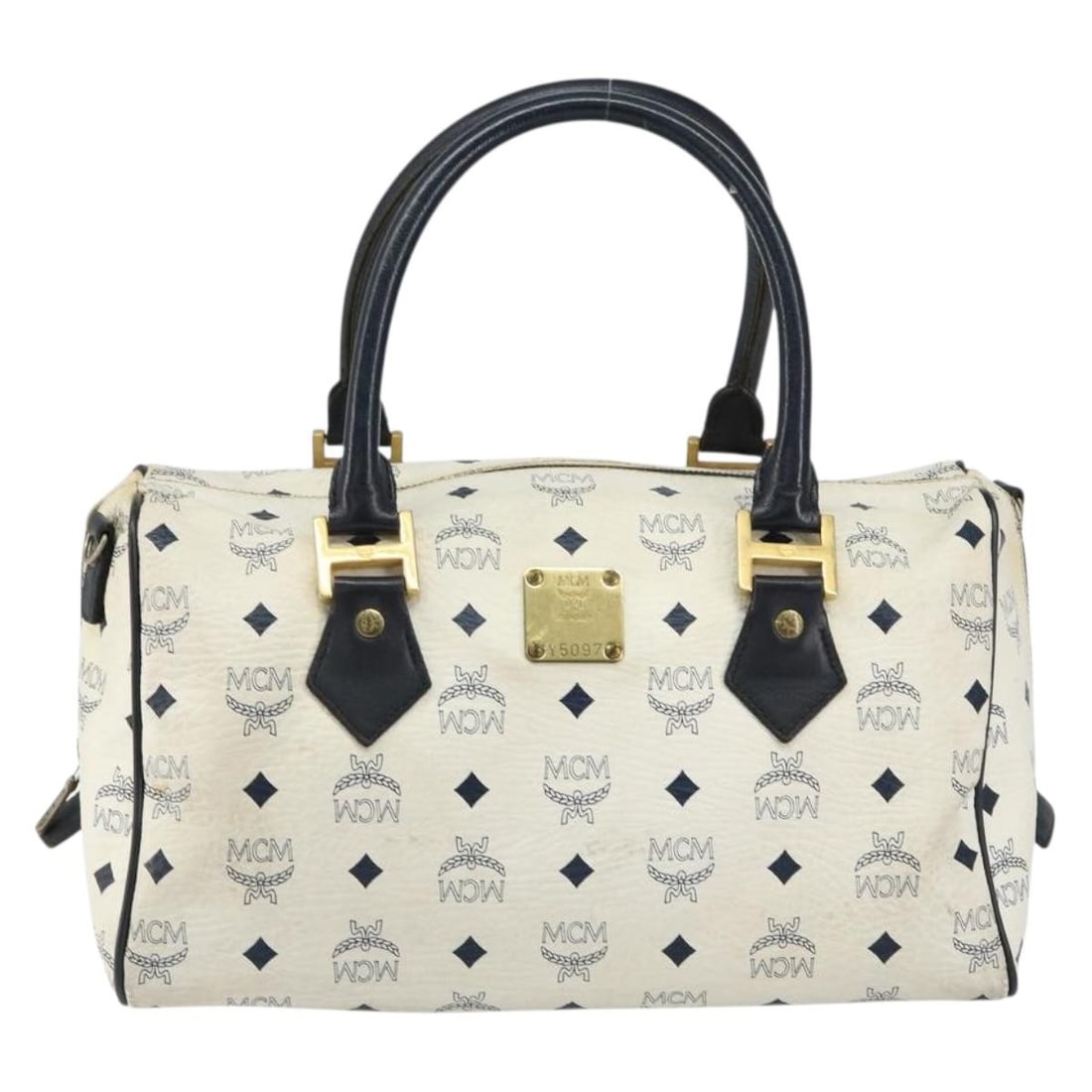 White Canvas and Leather MCM Visetos Logogramme Handbag 31cm: White Canvas and Leather MCM Visetos Logogramme Handbag 31cm This pre-owned MCM Visetos logogramme handbag for women features a white canvas body with leather details. It measures 31cm x 17cm x 17cm a