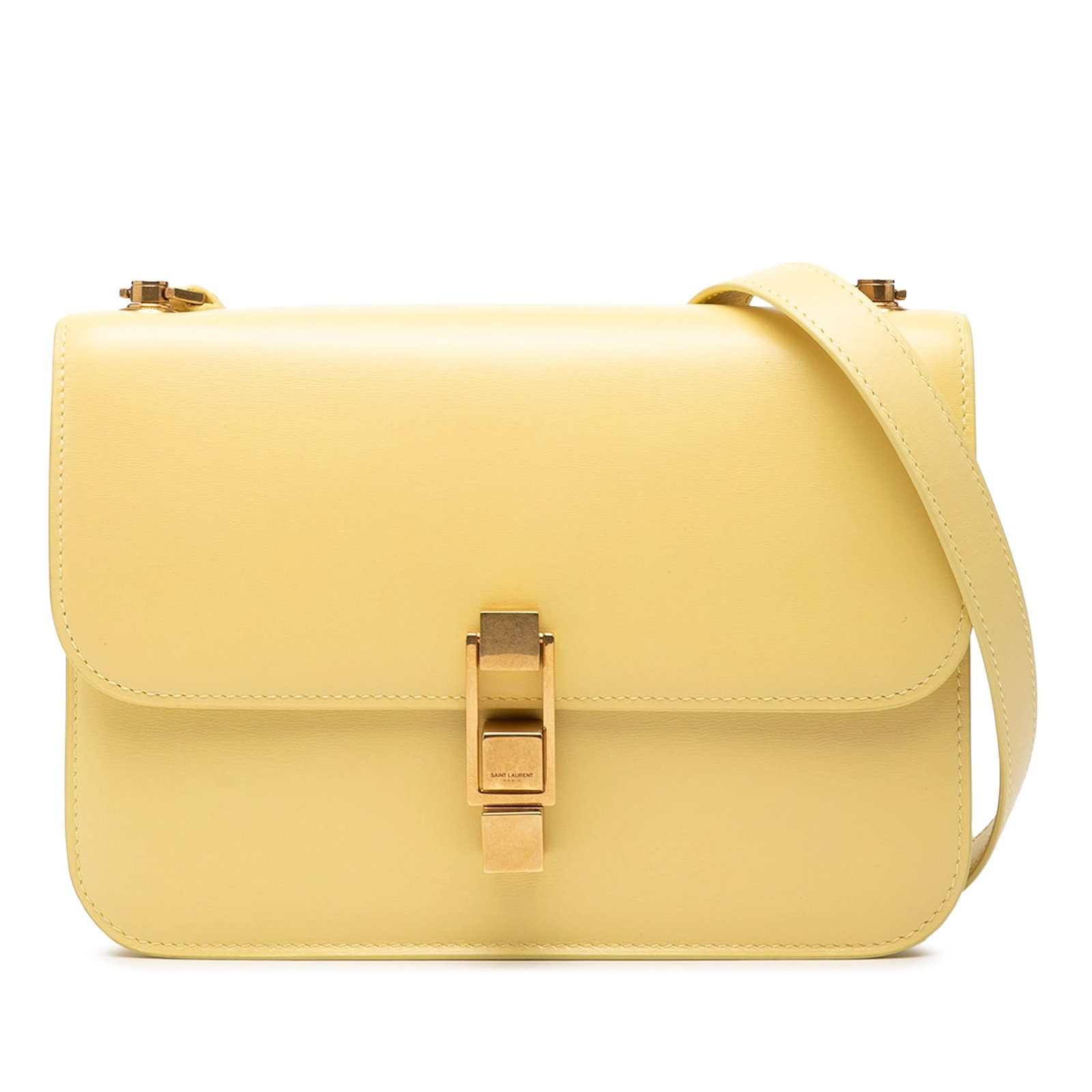 Saint Laurent Carre Yellow Leather Adjustable Strap Crossbody Bag: Saint Laurent Carre Yellow Leather Adjustable Strap Crossbody Bag This Saint Laurent Carre Crossbody features a yellow leather body with an adjustable flat leather strap, a flap with a flip-lock clasp
