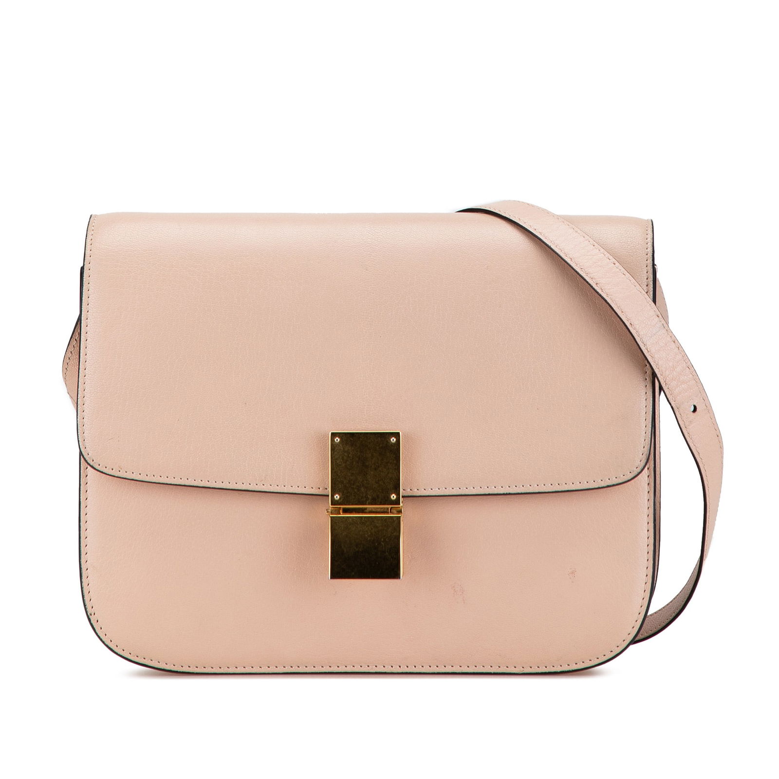Celine Pink Medium Calfskin Classic Box Bag with Adjustable Strap: Celine Pink Medium Calfskin Classic Box Bag with Adjustable Strap Introducing the Celine Medium Calfskin Classic Box, a sophisticated pink bag crafted from high-quality leather. This stylish piece fea