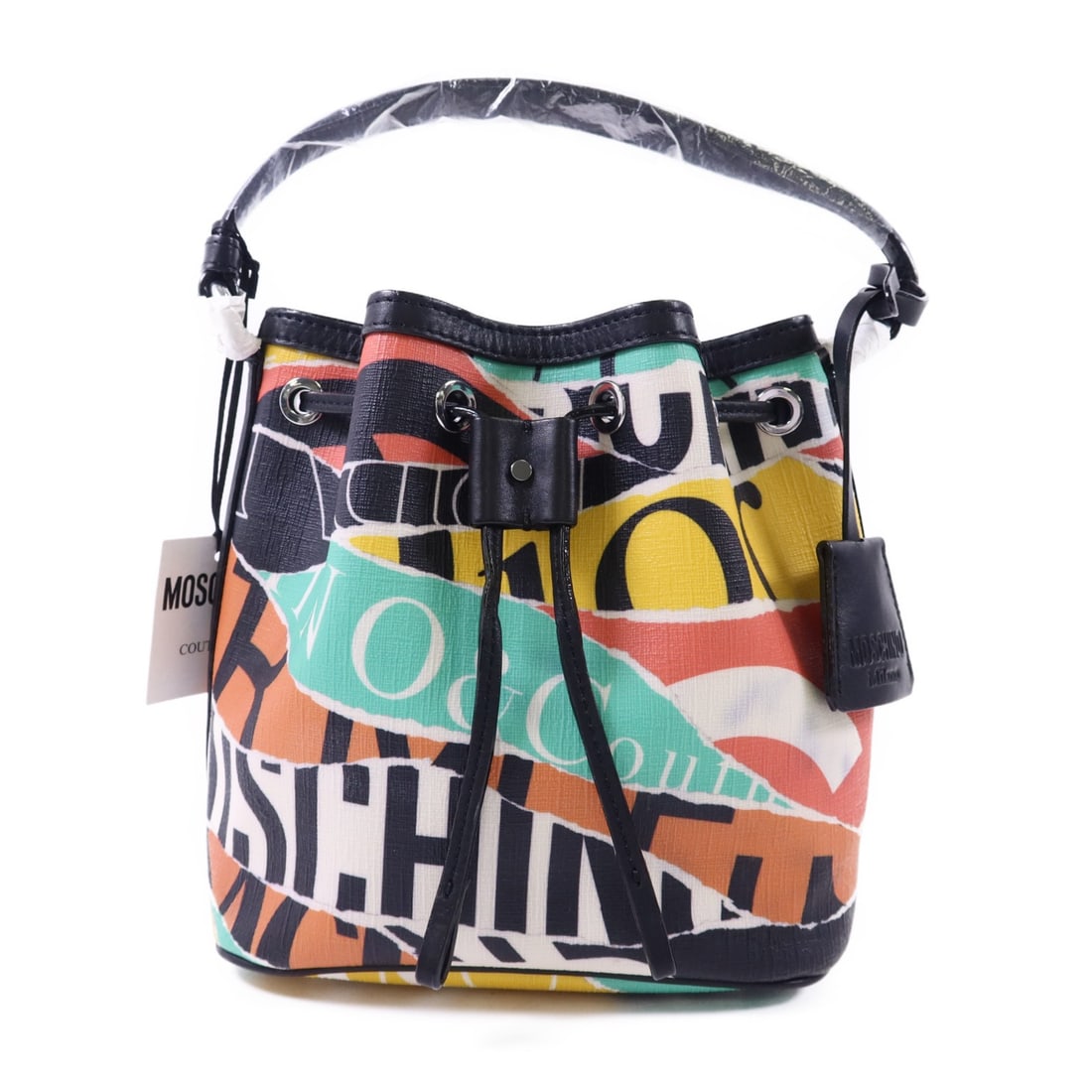 Multicolor Coated Canvas Shoulder Bag by Moschino with Silver Hardware: Multicolor Coated Canvas Shoulder Bag by Moschino with Silver Hardware This Moschino shoulder bag features a multicolor PVC coated canvas exterior, offering both style and durability. Designed with a