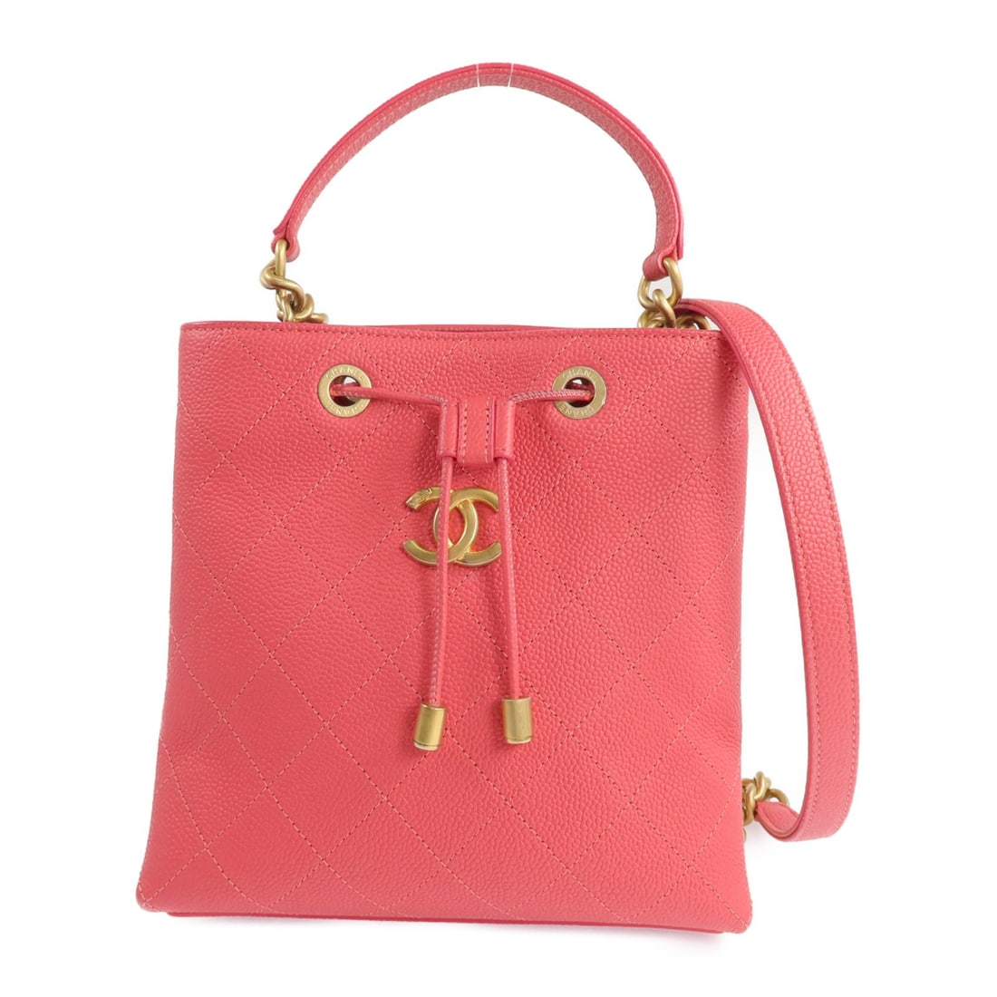 Chanel Pink Calfskin Drawstring Shoulder Bag with Gold Hardware: Chanel Pink Calfskin Drawstring Shoulder Bag with Gold Hardware This CHANEL 2-way shoulder bag features a stylish drawstring design with signature CC accents. Crafted from pink calfskin leather, it of