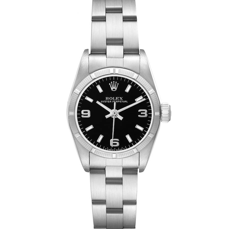 Ladies Oyster Perpetual Black Dial Watch Ref 67230: Ladies Oyster Perpetual Black Dial Watch Ref 67230 This Rolex Oyster Perpetual watch features a black dial and is designed for ladies. It comes with an engine-turned bezel and an Oyster bracelet. Refe