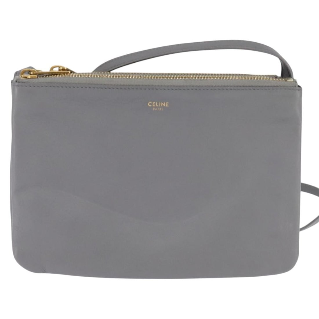 Gray Leather Celine Trio Shoulder Bag for Women: Gray Leather Celine Trio Shoulder Bag for Women This Celine Trio Crossbody Bag is crafted from gray leather and features a sleek, minimalist design. Made in Italy, the bag is designed for women and of