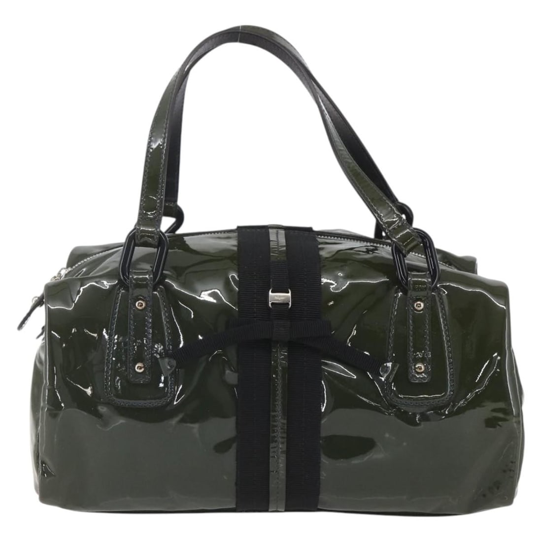 Vintage Salvatore Ferragamo Khaki Patent Leather Women's Handbag from Italy: Vintage Salvatore Ferragamo Khaki Patent Leather Women's Handbag from Italy This Salvatore Ferragamo vintage handbag is crafted from khaki patent leather. Designed for women, it features a structured