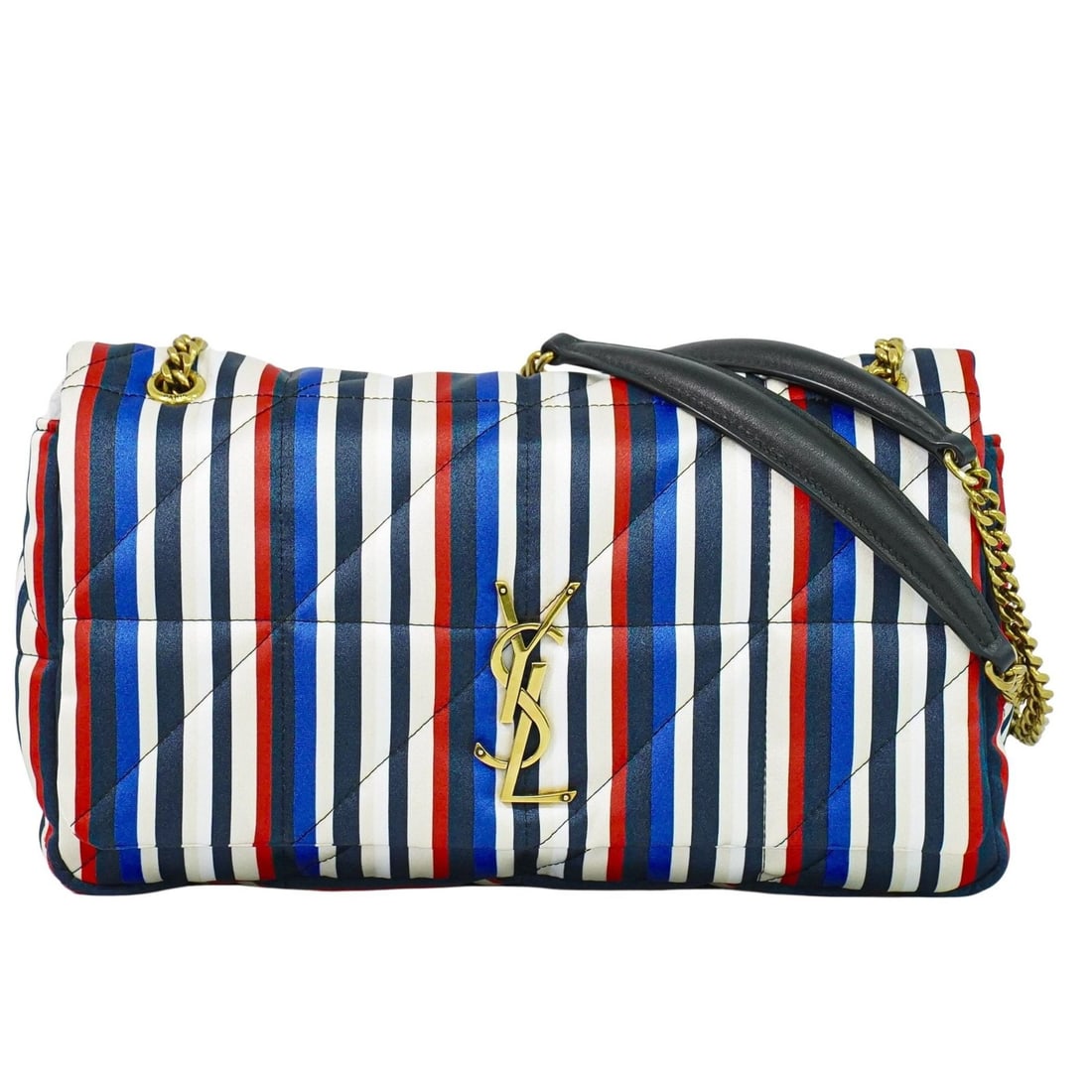 Saint Laurent Jamie Flap Silk Quilted Multicolor Purse: Saint Laurent Jamie Flap Silk Quilted Multicolor Purse The Saint Laurent Jamie Flap Bag is designed for women, crafted from multicolour quilted printed silk. This elegant bag features a flap closure a