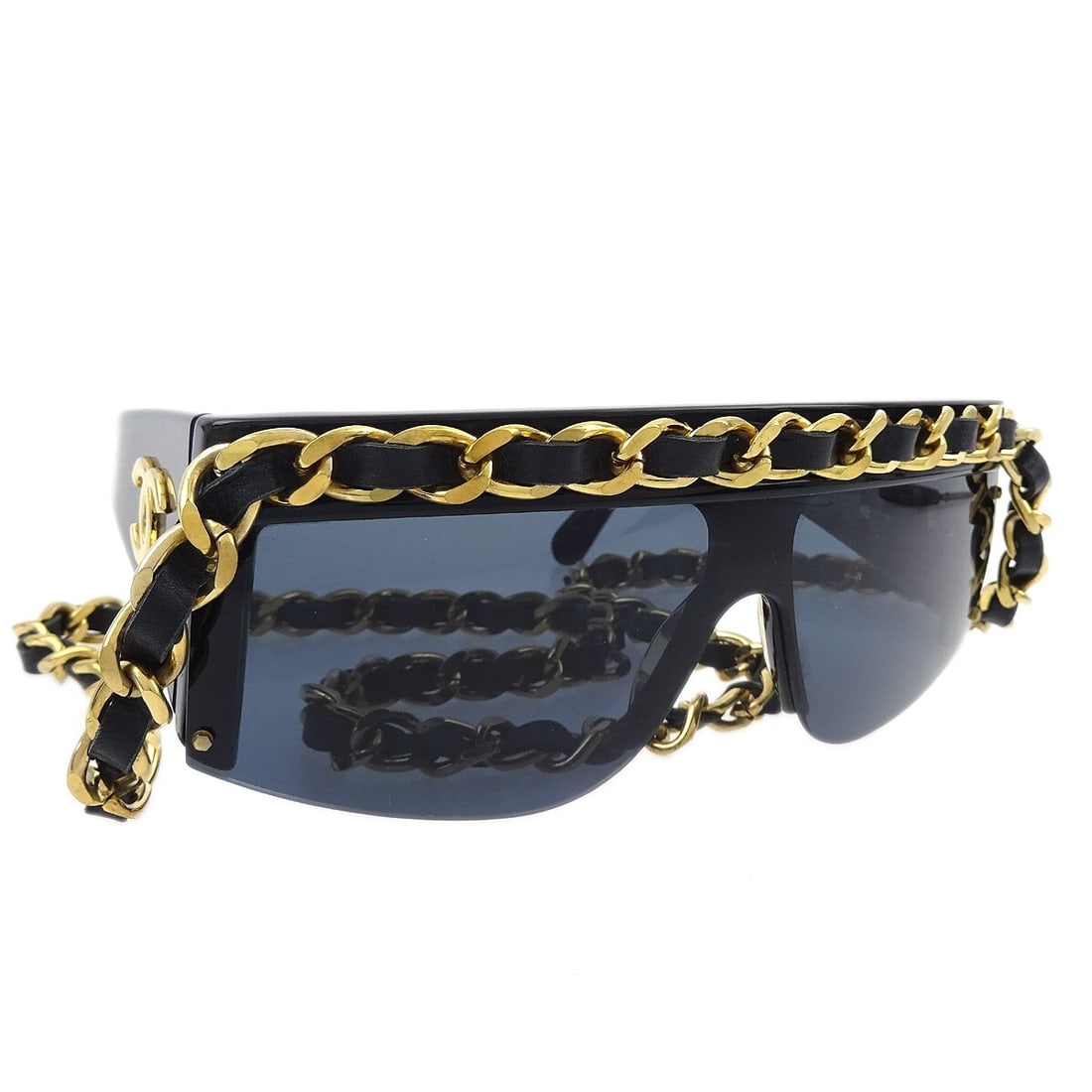 Chanel Square Sunglasses Black Acrylic with Chain Design: Chanel Square Sunglasses Black Acrylic with Chain Design These Chanel Chain Sunglasses feature a stylish square design in a sleek black color. Crafted from durable acrylic, they are designed for both