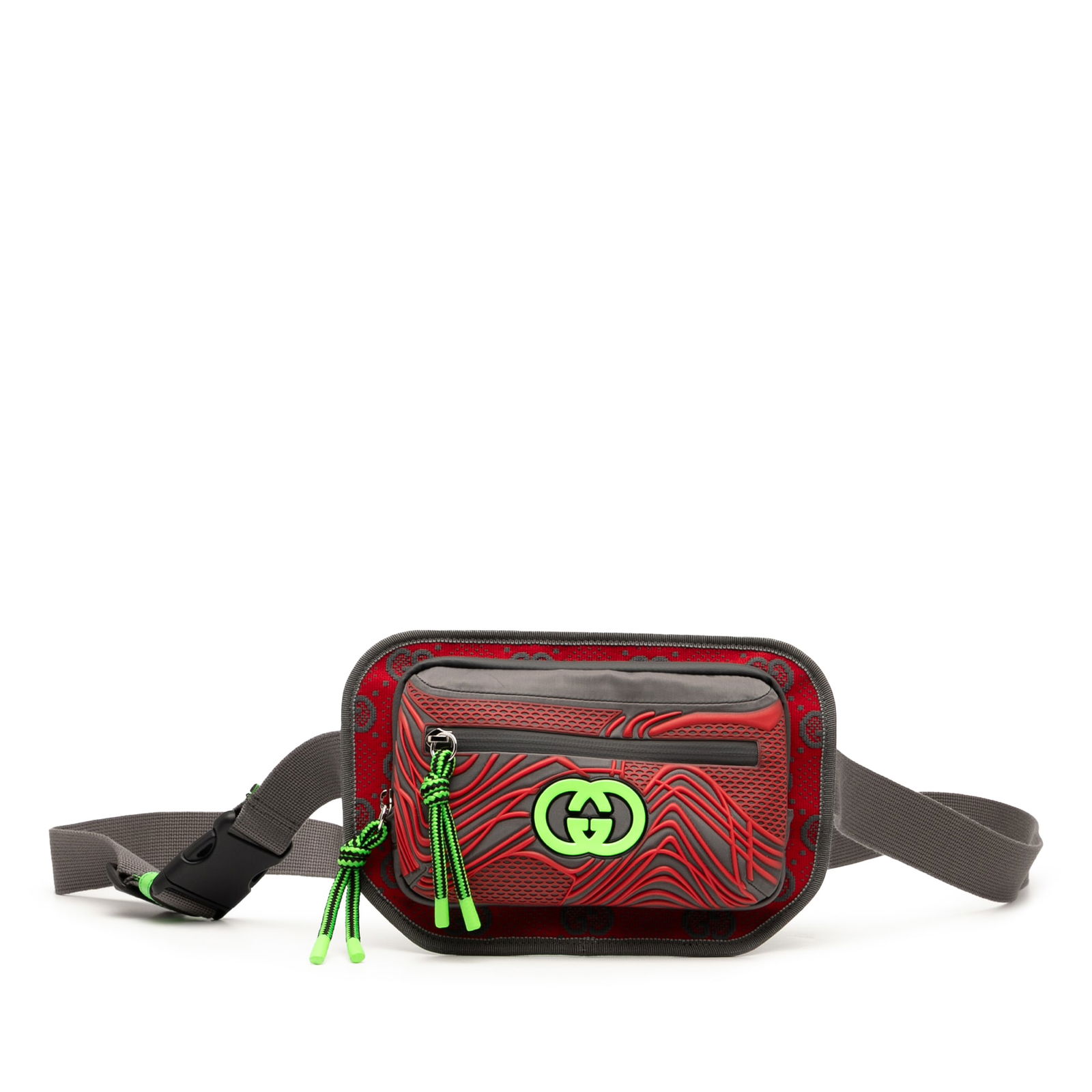 Gucci GG Nylon Red Belt Bag with Adjustable Strap: Gucci GG Nylon Red Belt Bag with Adjustable Strap This stylish Gucci GG Nylon and Rubber Belt Bag is designed for convenience and fashion. Made from durable nylon, it features an adjustable waist stra