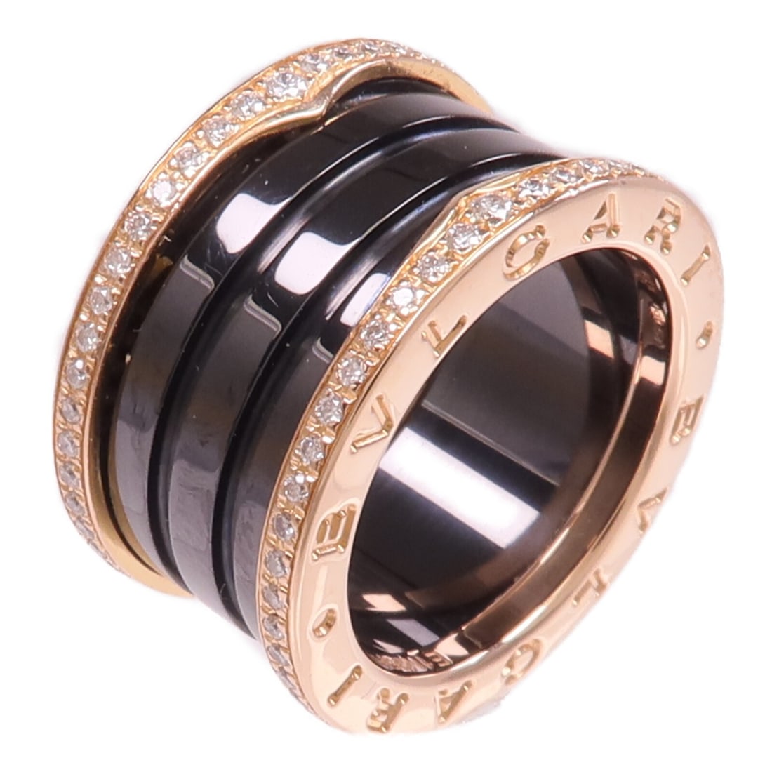 Bvlgari B Zero1 Four Band Diamond Rose Gold and Black Ceramic Ring Size 5: Bvlgari B Zero1 Four Band Diamond Rose Gold and Black Ceramic Ring Size 5 This BVLGARI B.Zero1 4 Band ring features a sophisticated design crafted from 18K rose gold and black ceramic. Accentuated wit