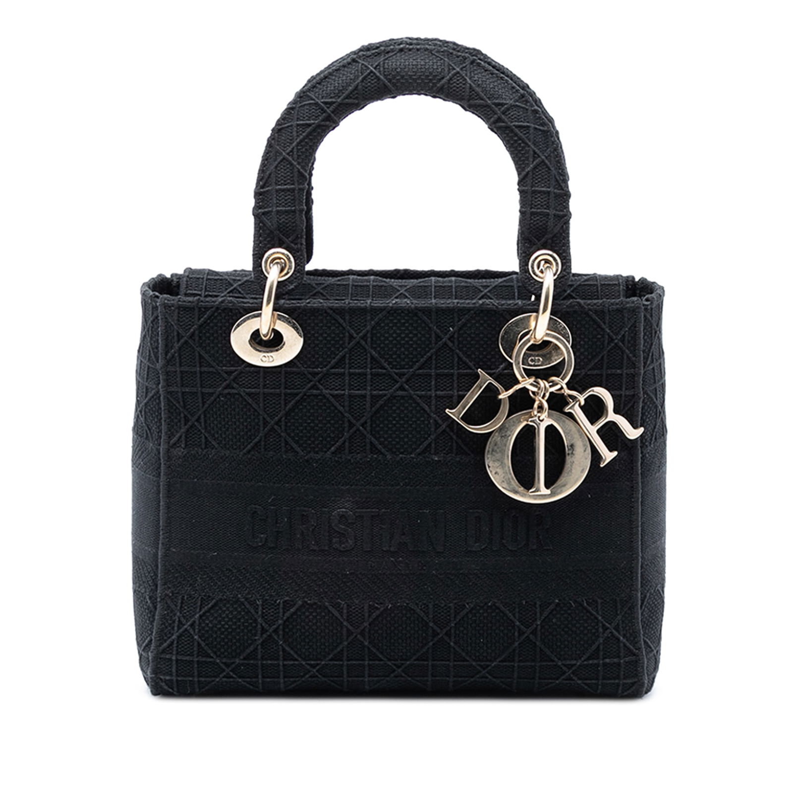 Dior Lady D Lite Medium Black Canvas Cannage Tote Bag: Dior Lady D Lite Medium Black Canvas Cannage Tote Bag The Dior Medium Canvas Cannage Lady D-Lite is crafted in black canvas with the iconic Cannage pattern. It features flat handles, a fold-in flap cl