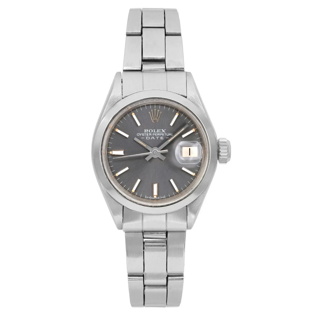 Rolex Perpetual Date 26mm Ladies Automatic Watch Vintage Slate Dial: Rolex Perpetual Date 26mm Ladies Automatic Watch Vintage Slate Dial Introducing the Rolex Perpetual Date, a vintage ladies' automatic wristwatch that perfectly encapsulates classic elegance. This time