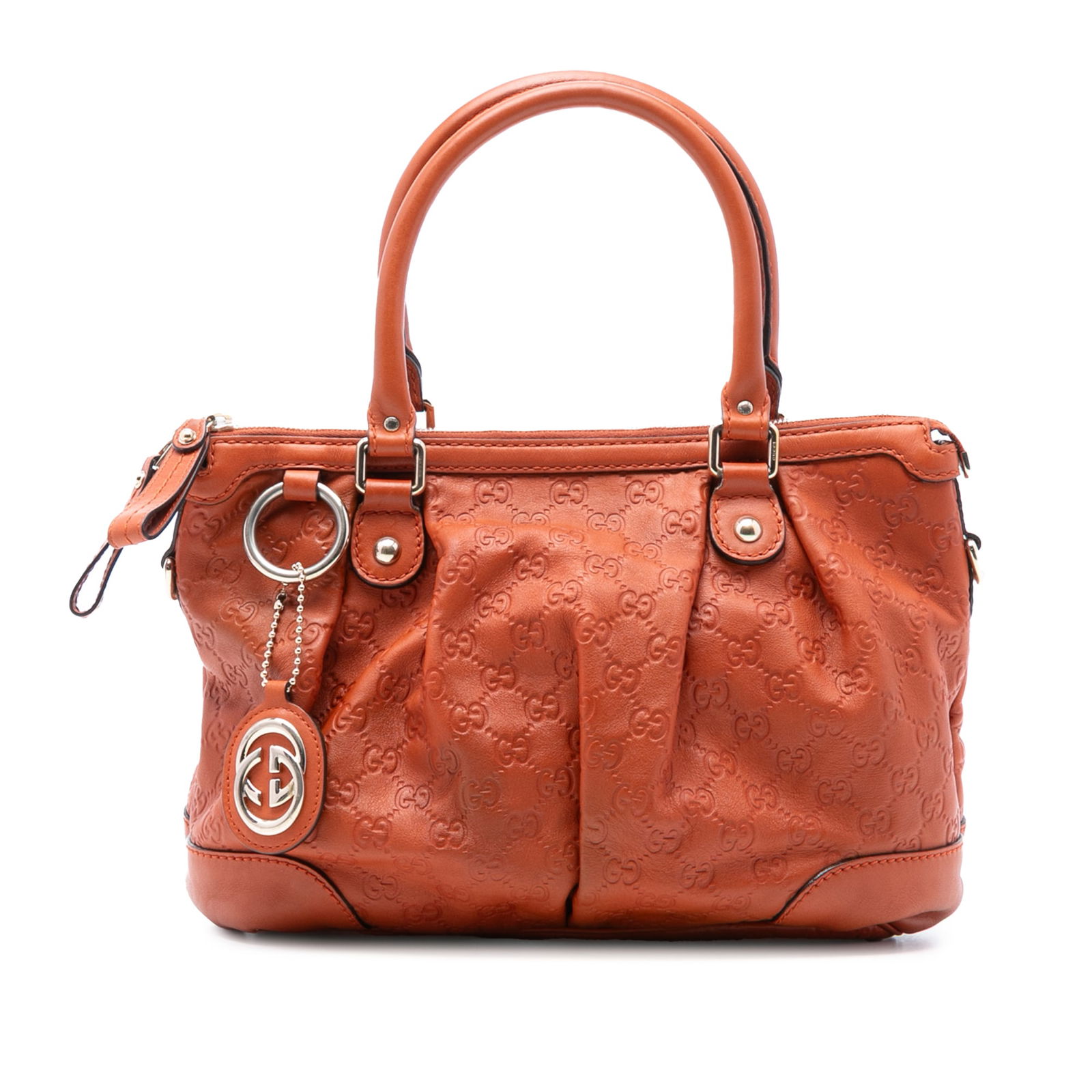 Gucci Sukey Satchel Orange Embossed Leather Handbag with Top Zip: Gucci Sukey Satchel Orange Embossed Leather Handbag with Top Zip The Sukey satchel features an embossed leather exterior in orange, rolled leather handles, a top zip closure, and interior zip and slip