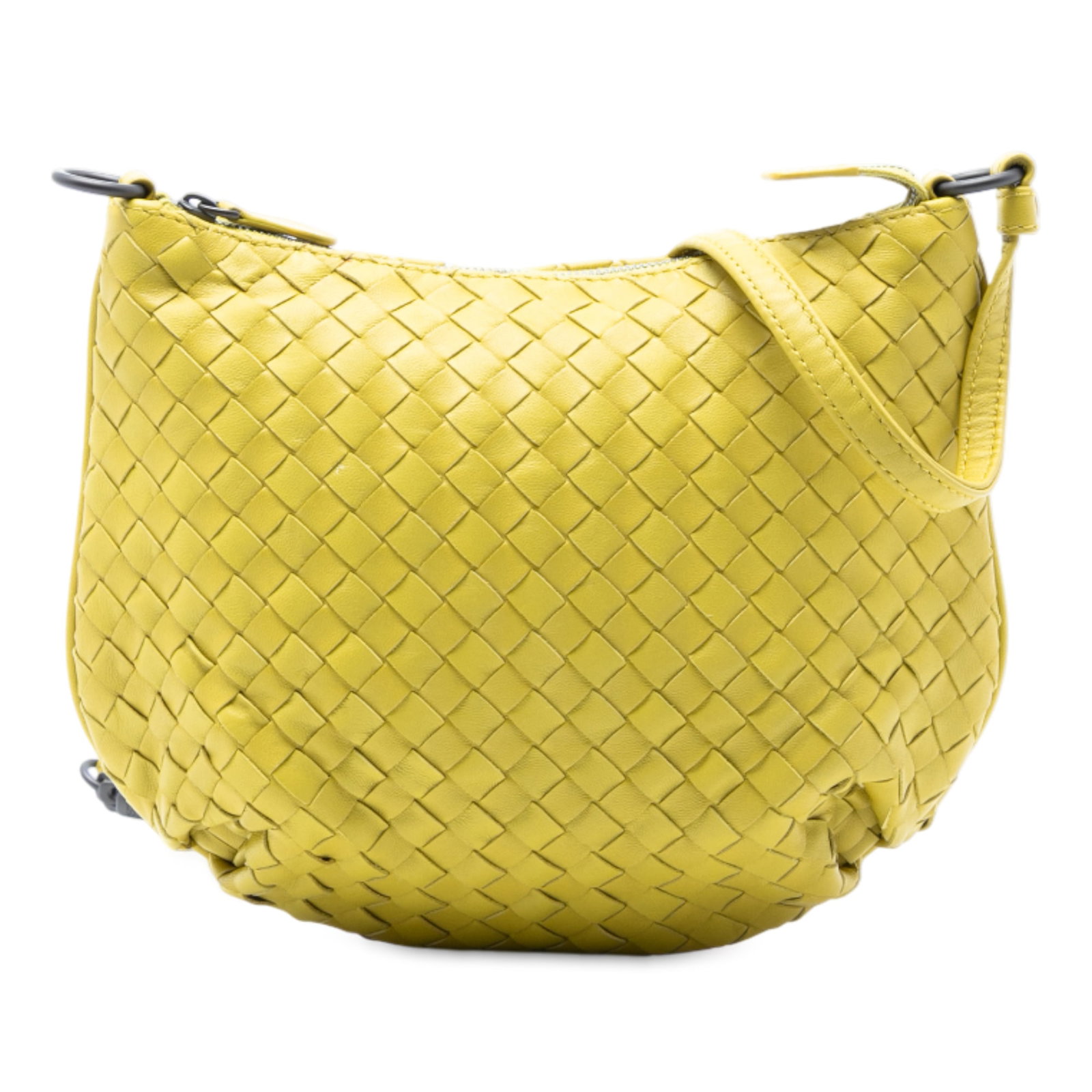Yellow Nappa Leather Intrecciato Adjustable Strap Crossbody Bag: Yellow Nappa Leather Intrecciato Adjustable Strap Crossbody Bag This crossbody bag features a woven nappa leather body in yellow, an adjustable flat leather strap, and a top zip closure. It is designe
