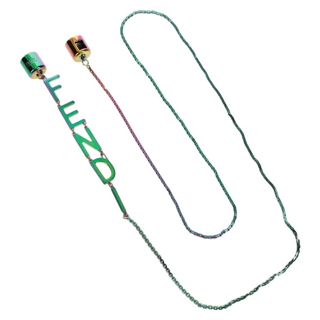 Fendi Blue Green Pink Metal Necklace with Box and Dust Bag: Fendi Blue Green Pink Metal Necklace with Box and Dust Bag This FENDI necklace features a striking combination of blue, green, and pink metal. Expertly crafted in Italy, it offers a stylish, contempor