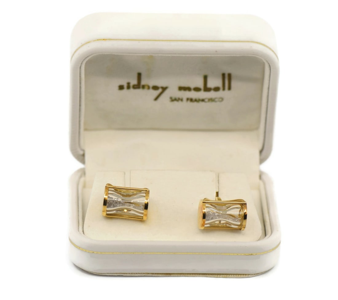 Sidney Mobell 18K Yellow Gold Hourglass Diamond Cufflinks Authentic: Sidney Mobell 18K Yellow Gold Hourglass Diamond Cufflinks Authentic Add a touch of elegance to your attire with these exquisite Sidney Mobell Hourglass Diamond Cufflinks. Crafted from luxurious 18K ye