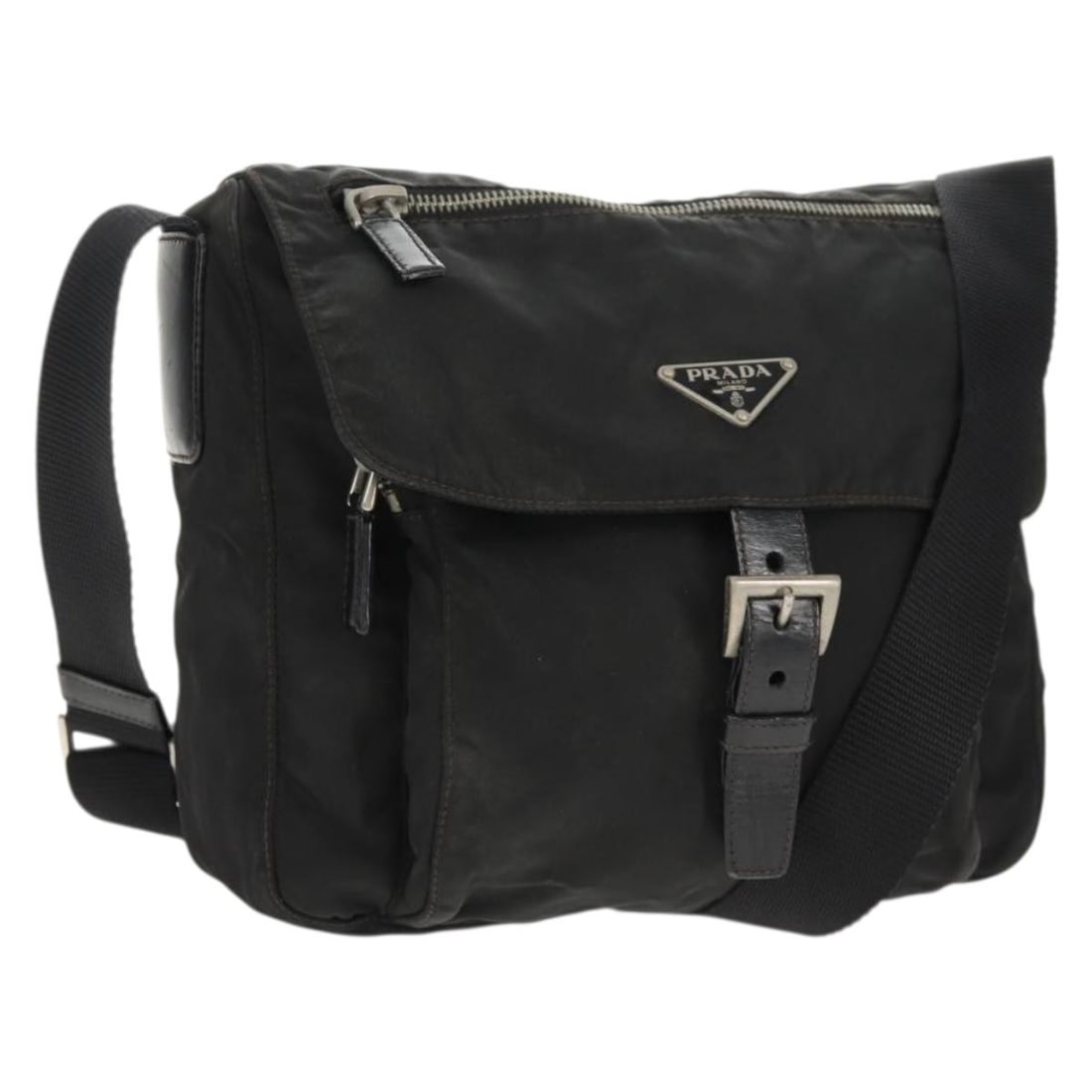 Prada Tessuto Buckle Messenger Black Nylon Shoulder Bag: Prada Tessuto Buckle Messenger Black Nylon Shoulder Bag This Prada Buckle Messenger Bag is crafted from black nylon and designed for women. Made in Italy, it features a practical messenger style with