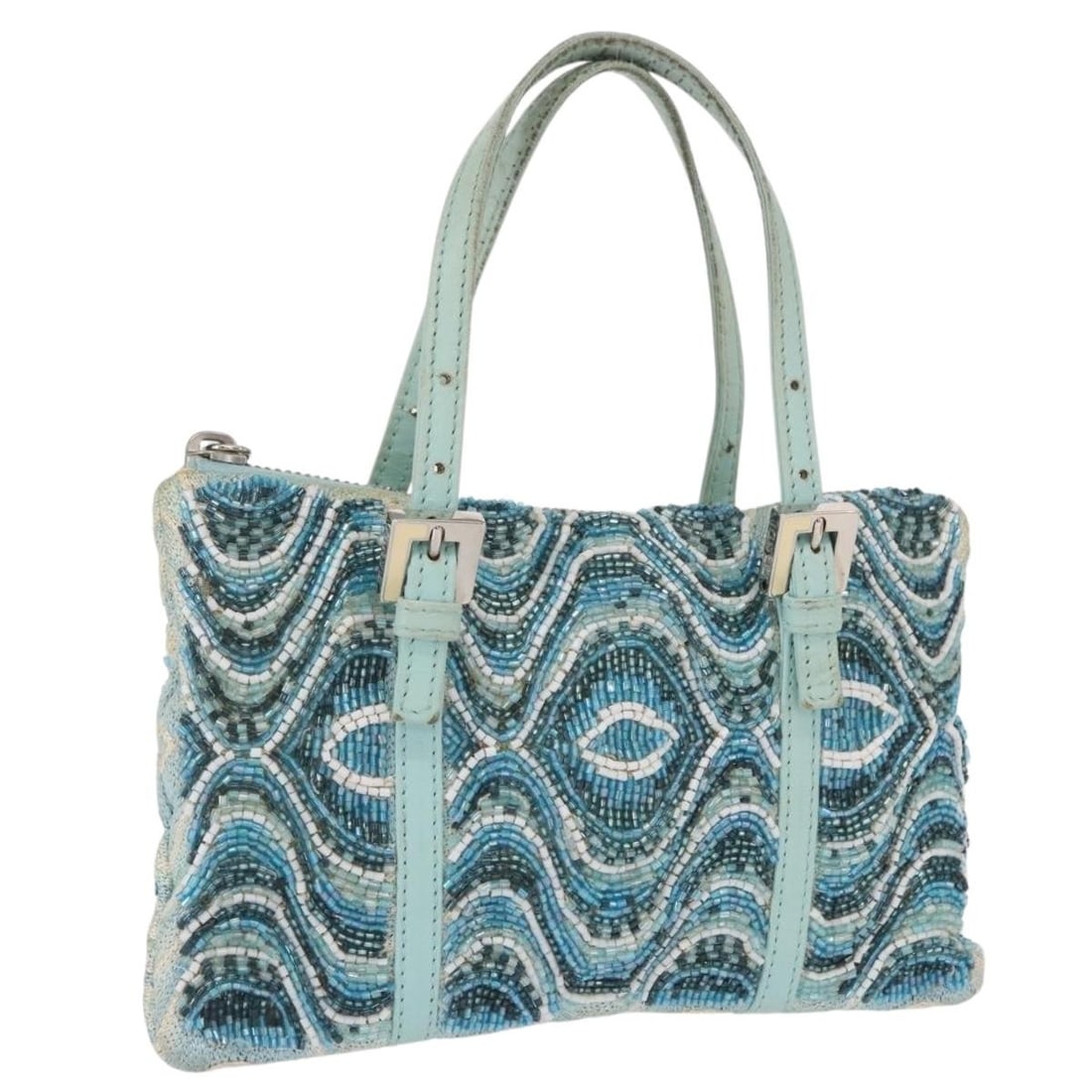 Fendi Blue and Silver Canvas Handbag with Bead Detailing: Fendi Blue and Silver Canvas Handbag with Bead Detailing This FENDI handbag features a blue and silver canvas exterior adorned with bead accents. Made in Italy, it offers a compact design with a handl