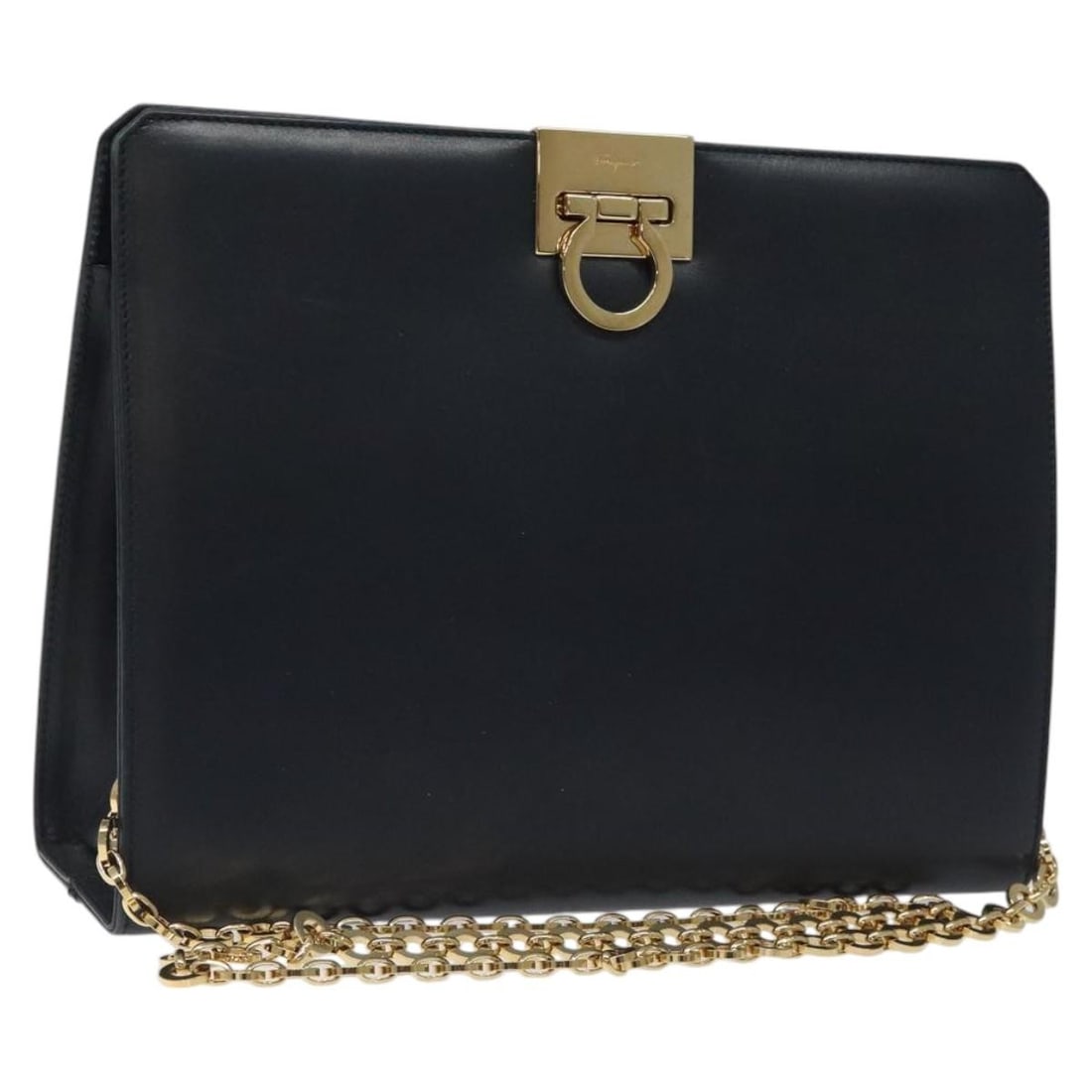 Vintage Gancini Leather Shoulder Bag with Chain by Salvatore Ferragamo: Vintage Gancini Leather Shoulder Bag with Chain by Salvatore Ferragamo This Salvatore Ferragamo vintage Gancini chain shoulder bag features navy leather construction with signature Gancini hardware. D