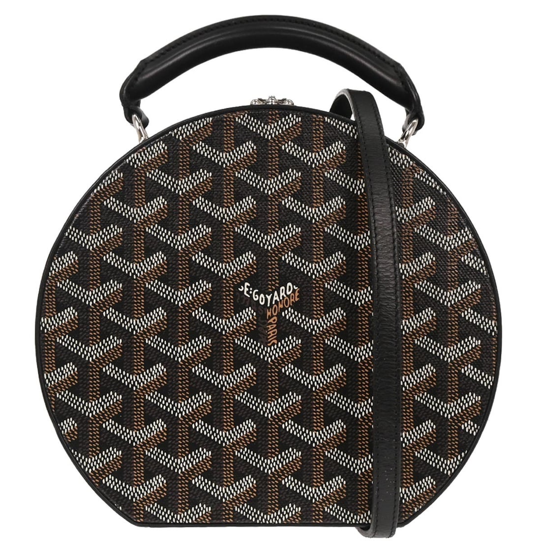 Goyard Alto Brown Coated Canvas Hatbox Bag 18.5cm by 17cm by 7cm: Goyard Alto Brown Coated Canvas Hatbox Bag 18.5cm by 17cm by 7cm This Goyard Alto Hatbox Bag is crafted from coated canvas in a brown shade, designed specifically for women. It features a compact, str