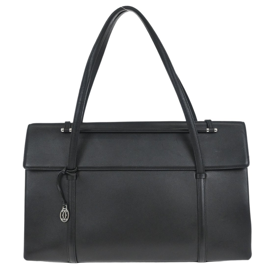 Large Cartier Leather Shoulder Bag with Black Cabochon and Double Handles: Large Cartier Leather Shoulder Bag with Black Cabochon and Double Handles This vintage Cartier shoulder bag features black leather exterior with a classic double handle design. The bag offers practica
