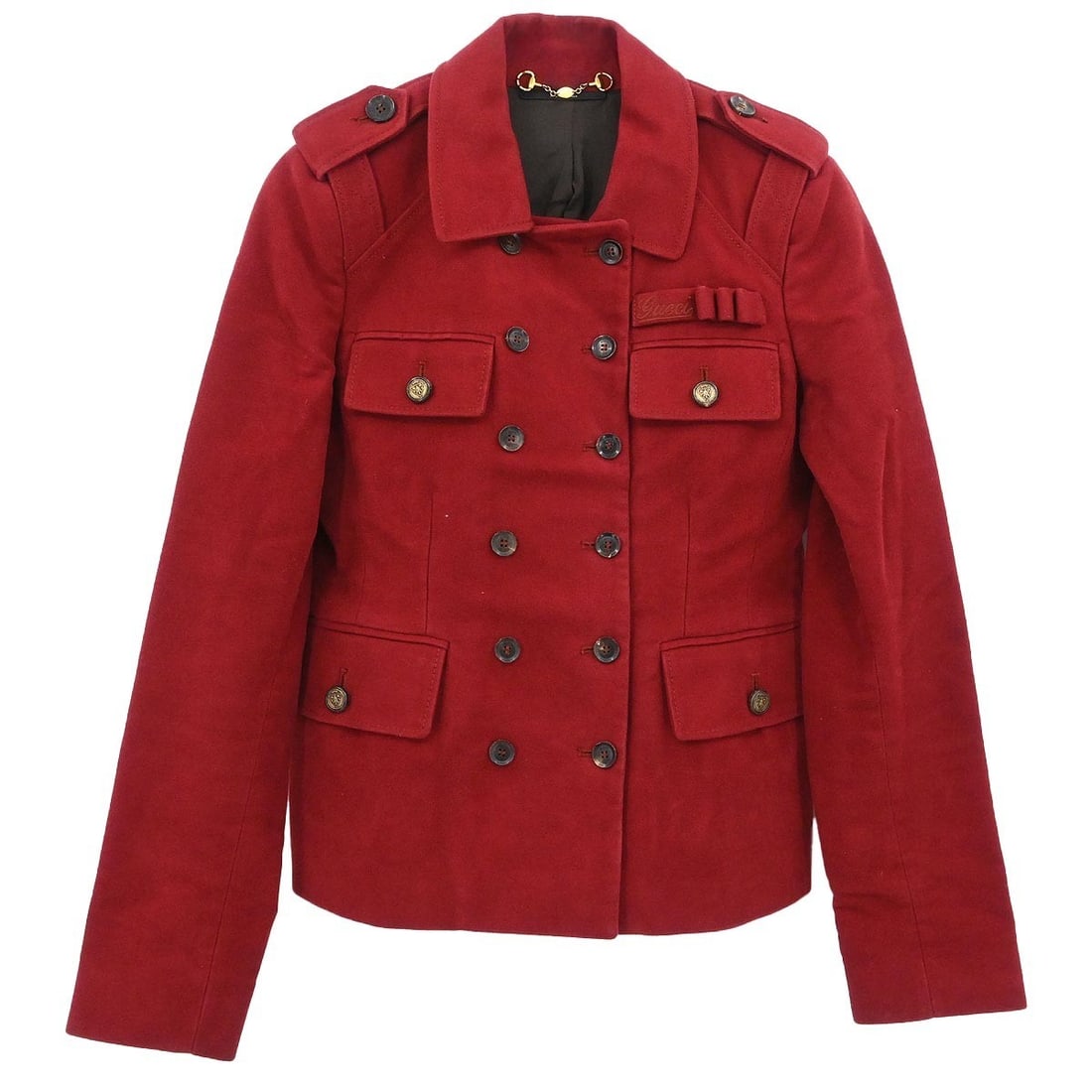 Red Cotton Double Breasted Mid Length Gucci Jacket IT 40: Red Cotton Double Breasted Mid Length Gucci Jacket IT 40 This Gucci double-breasted jacket features a mid-length design crafted from 100% cotton in a striking red color. Designed for a casual occasion