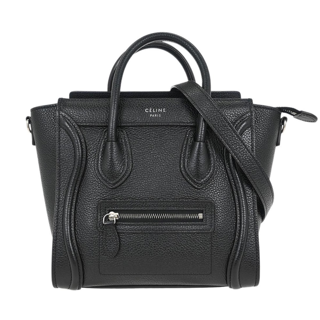 Celine Nano Luggage Tote Black Grainy Leather 20cm x 19cm x 10cm: Celine Nano Luggage Tote Black Grainy Leather 20cm x 19cm x 10cm The Celine Luggage Bag is crafted from black grainy leather and designed for female use. This pre-owned nano tote features a compact si