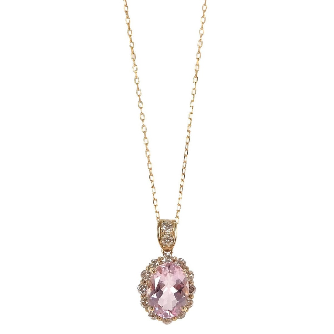 Elegant Morganite Pendant Necklace with 18K Gold and Diamonds: Elegant Morganite Pendant Necklace with 18K Gold and Diamonds This exquisite pendant necklace features a beautiful morganite stone, elegantly set in 18K gold. The charm style of the necklace is enhanc