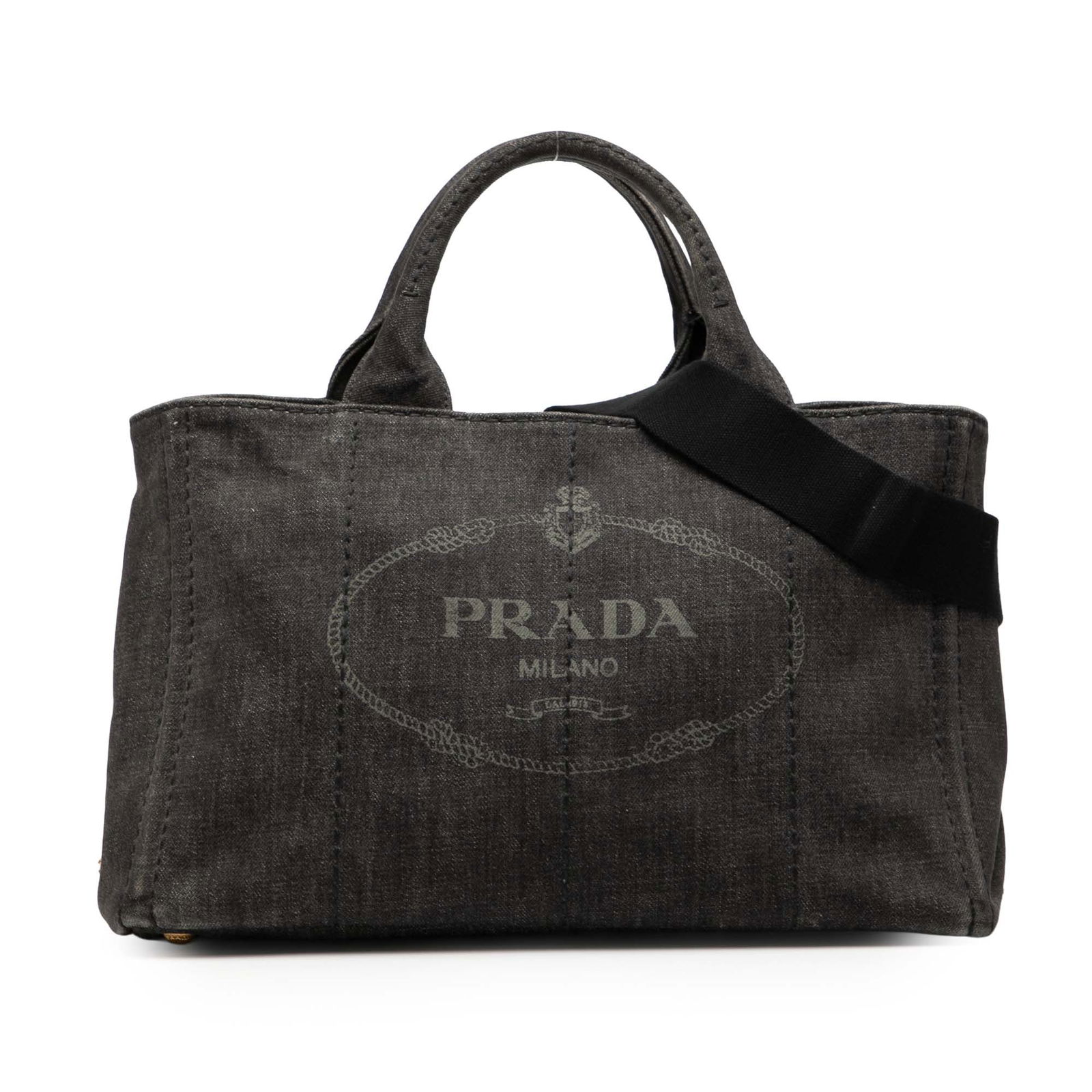 Prada Canapa Black Denim Satchel with Logo and Detachable Strap: Prada Canapa Black Denim Satchel with Logo and Detachable Strap This Prada Denim Canapa Logo Satchel features a black denim fabric body with rolled handles and a detachable strap. It offers an open to