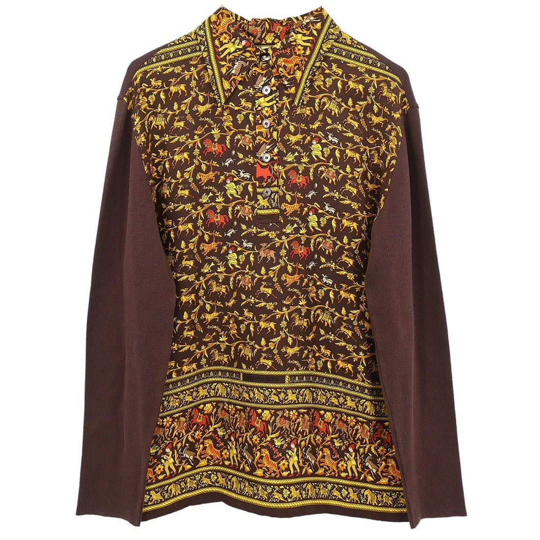 Hermes Vintage Brown Silk Cotton Long Sleeve Top #M: Hermes Vintage Brown Silk Cotton Long Sleeve Top #M This exquisite Hermes top combines luxurious materials and a classic design, perfect for casual occasions. Crafted from 100% silk and 100% cotton, i
