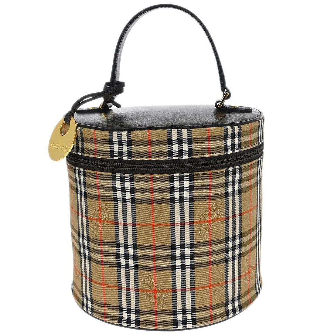Burberrys House Check Canvas and Leather Vanity Top Handle Bag: Burberrys House Check Canvas and Leather Vanity Top Handle Bag This Burberrys vanity handbag features the iconic beige House Check pattern and is crafted from canvas leather. Designed with a medium-si