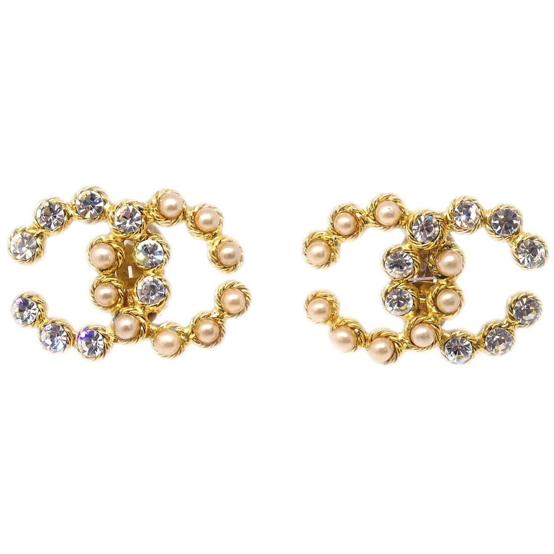 Chanel Clip-On CC Logo Earrings with Rhinestones and Faux Pearls: Chanel Clip-On CC Logo Earrings with Rhinestones and Faux Pearls These Chanel earrings feature the iconic CC logo design, crafted in gold-plated metal with a clip-on closure. Adorned with rhinestones